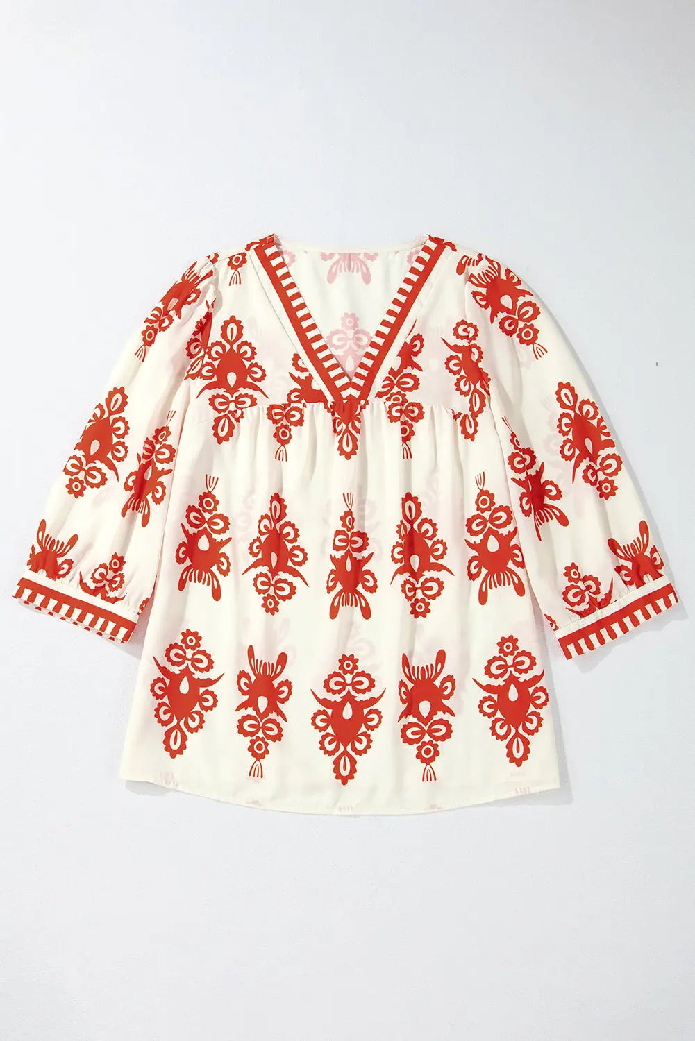 Orange Vintage Geometric Printed 3/4 Sleeve V Neck Blouse Beagle Boutique Fashion Outlet