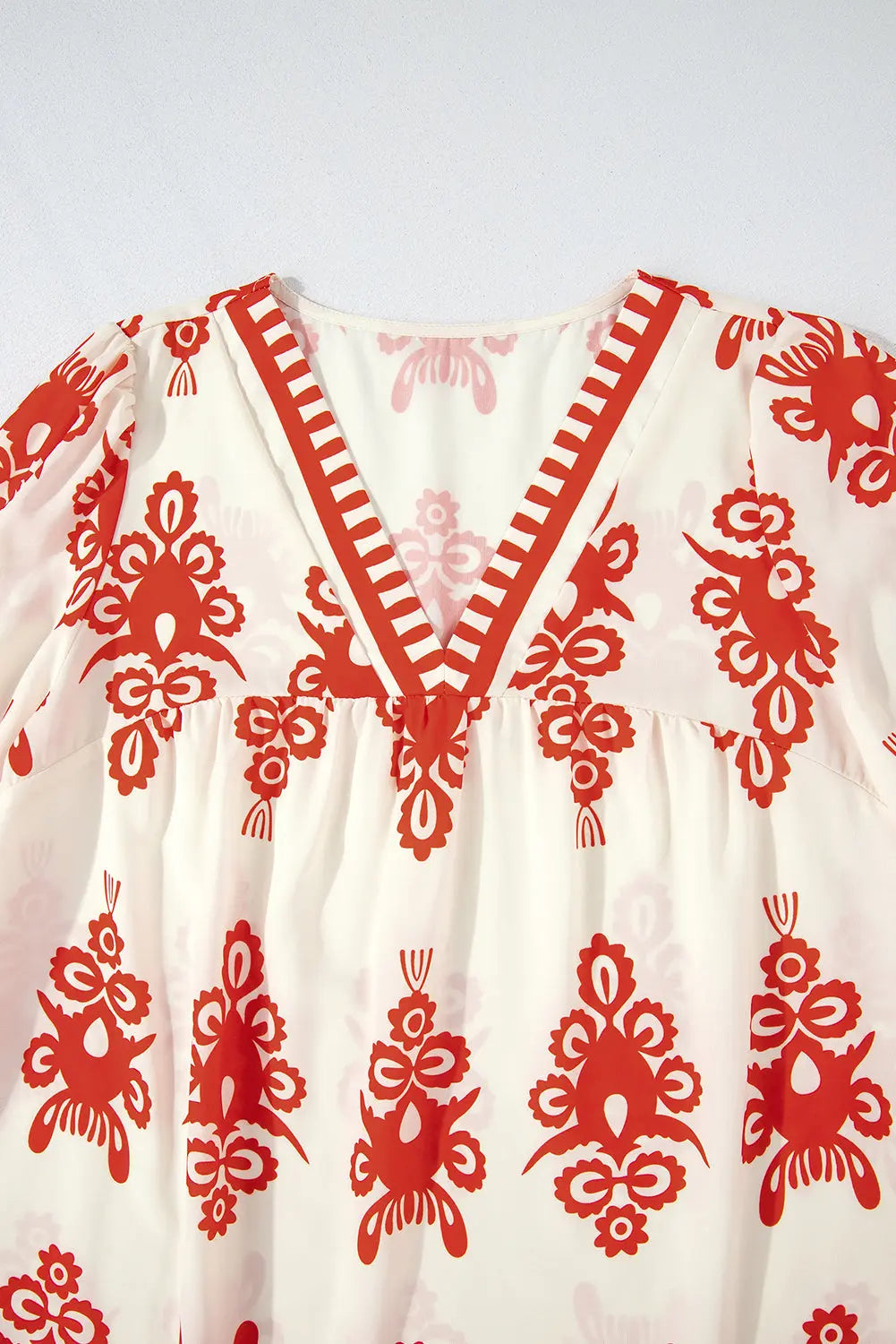 Orange Vintage Geometric Printed 3/4 Sleeve V Neck Blouse Beagle Boutique Fashion Outlet