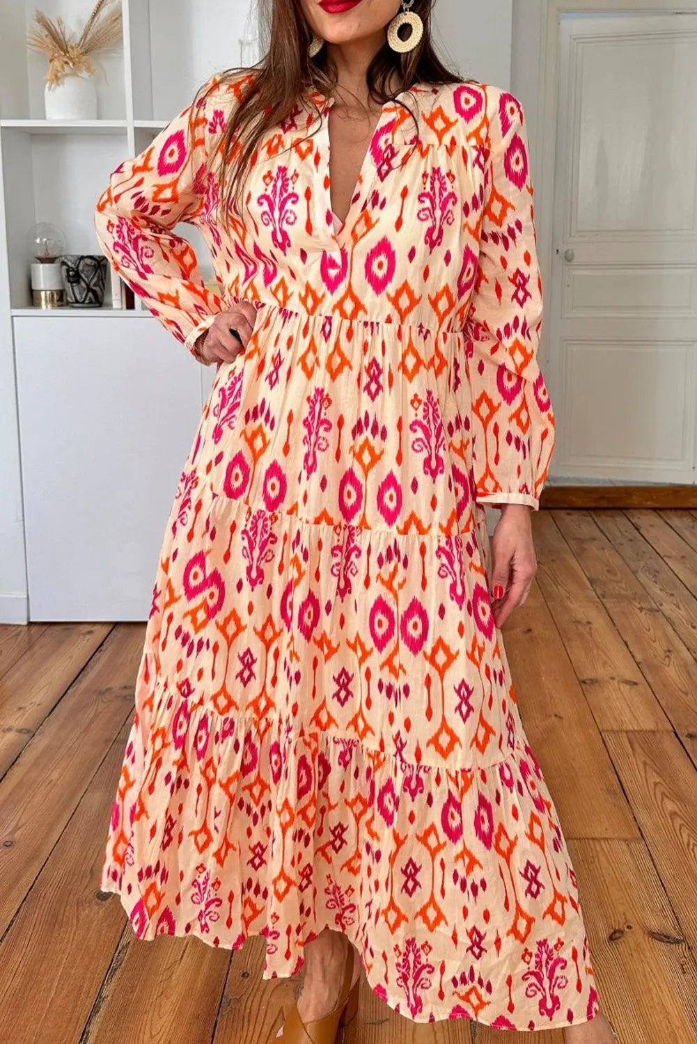 Orange Western Abstract Geometric Printed Maxi Dress - eAura
