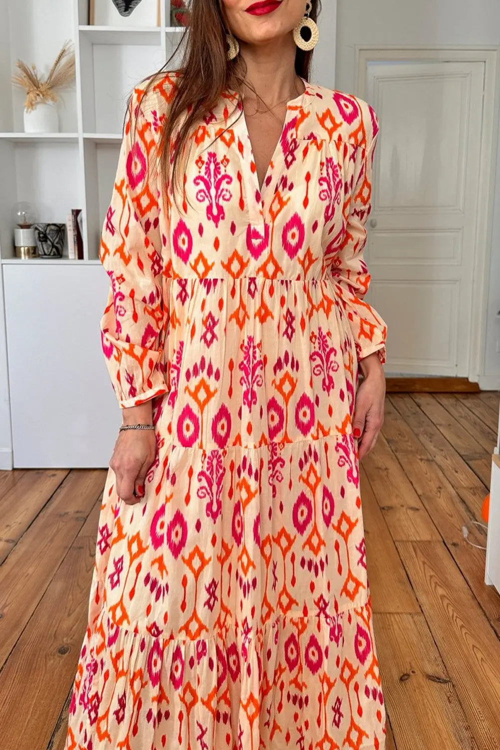 Orange Western Abstract Geometric Printed Maxi Dress - eAura