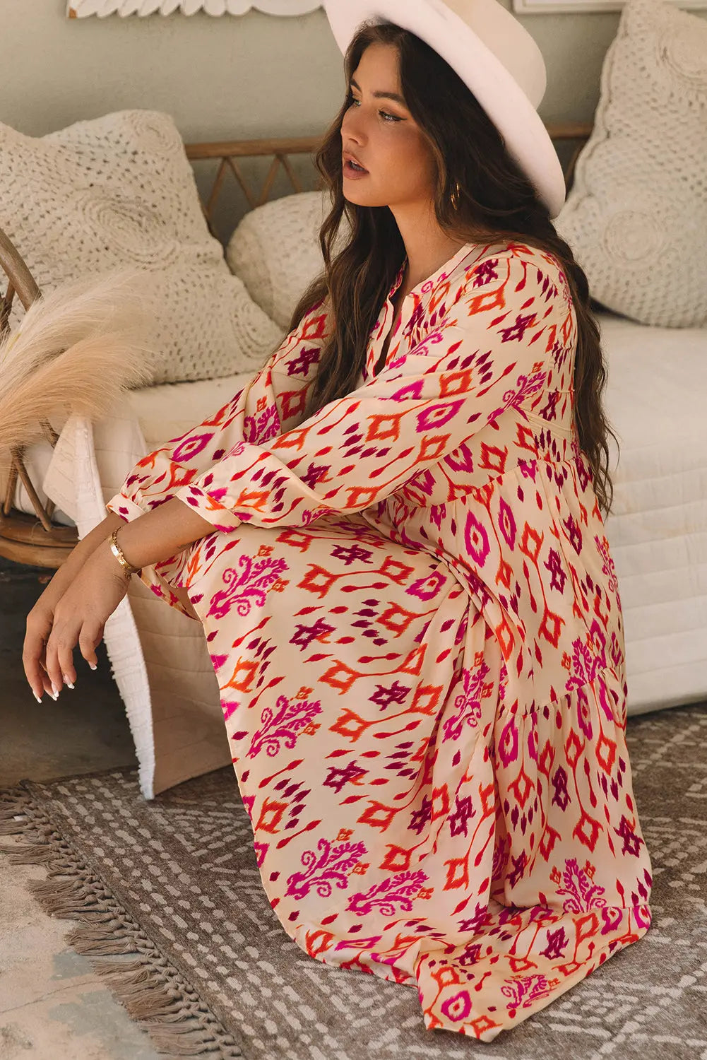 Orange Western Abstract Geometric Printed Maxi Dress - eAura