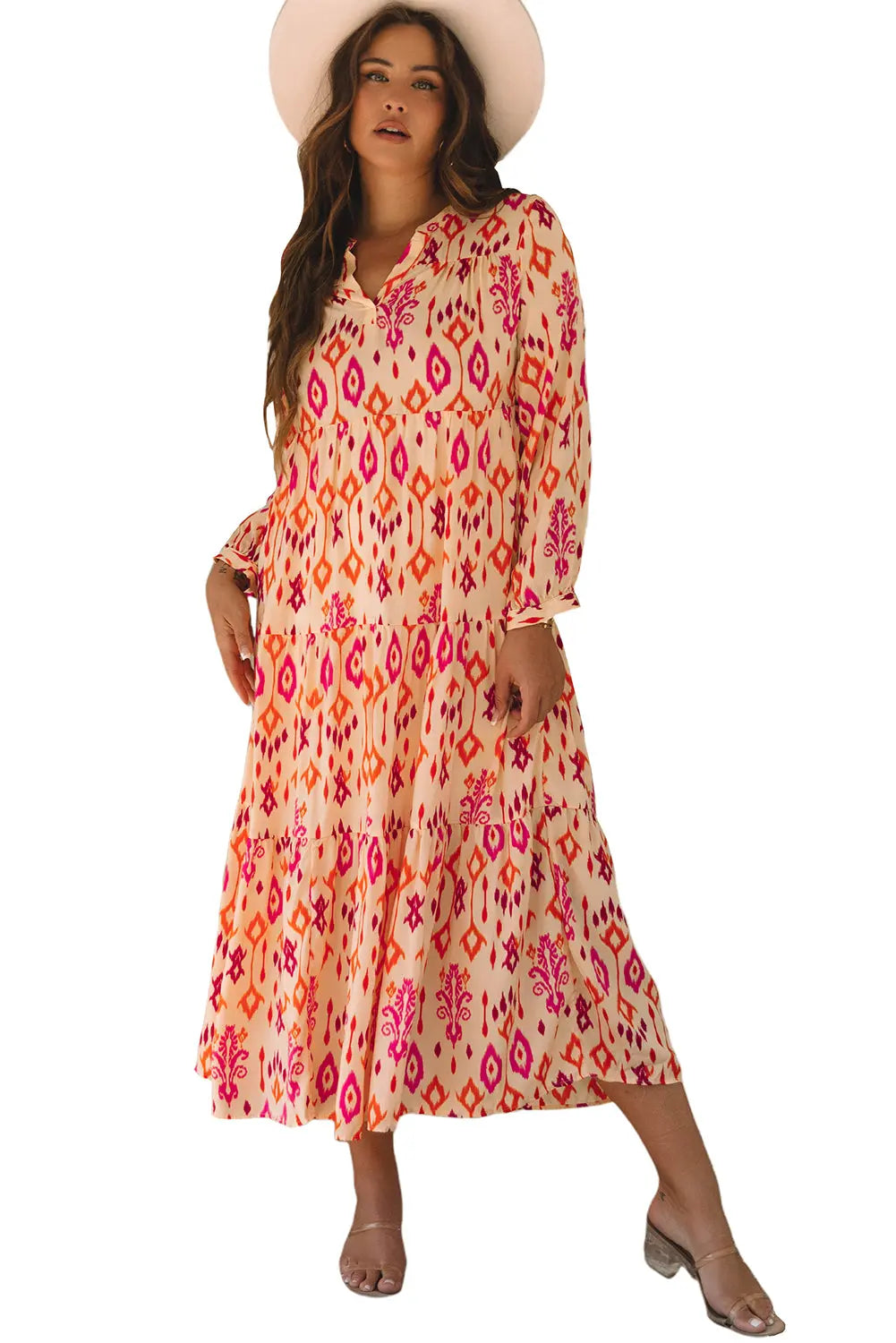 Orange Western Abstract Geometric Printed Maxi Dress - eAura