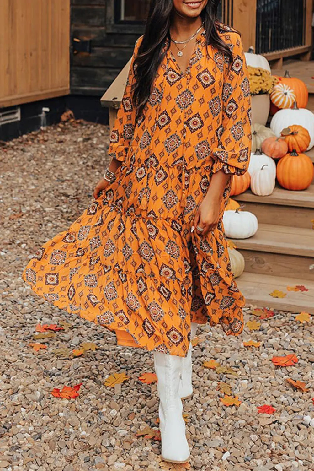 Orange Western Geometric Print Tiered Frilled Loose Fit Midi Dress Beagle Boutique Fashion Outlet