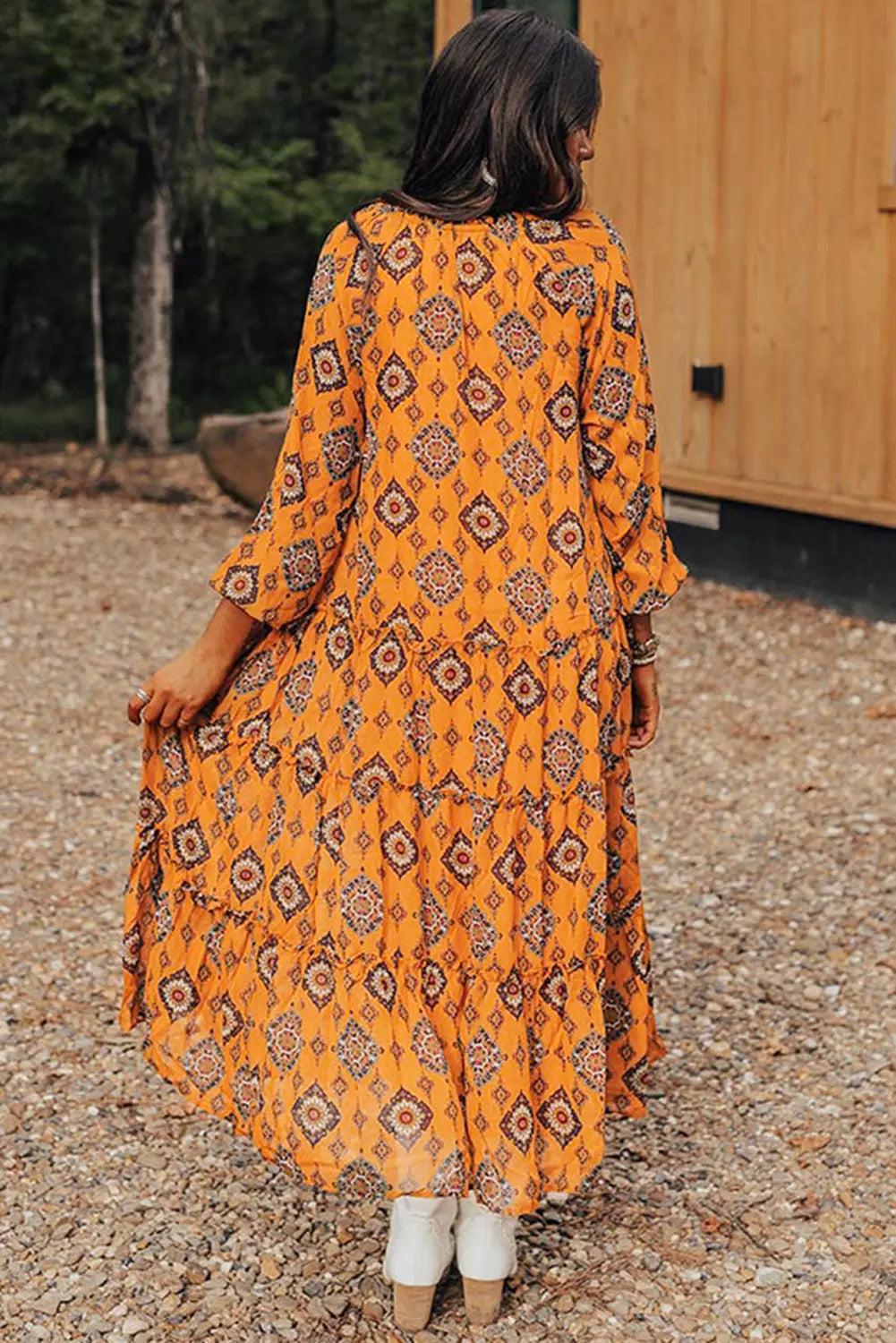 Orange Western Geometric Print Tiered Frilled Loose Fit Midi Dress Beagle Boutique Fashion Outlet
