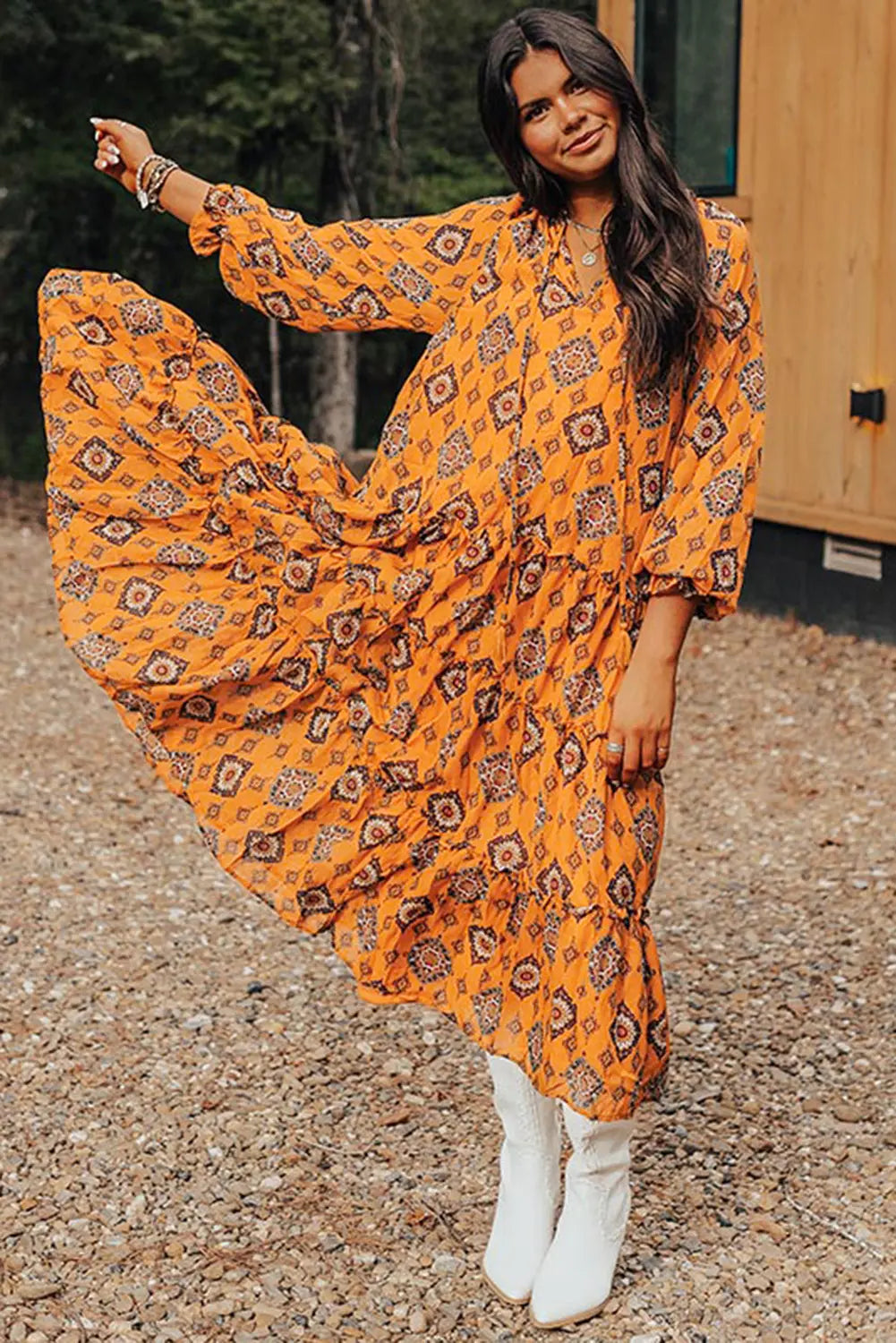 Orange Western Geometric Print Tiered Frilled Loose Fit Midi Dress Beagle Boutique Fashion Outlet