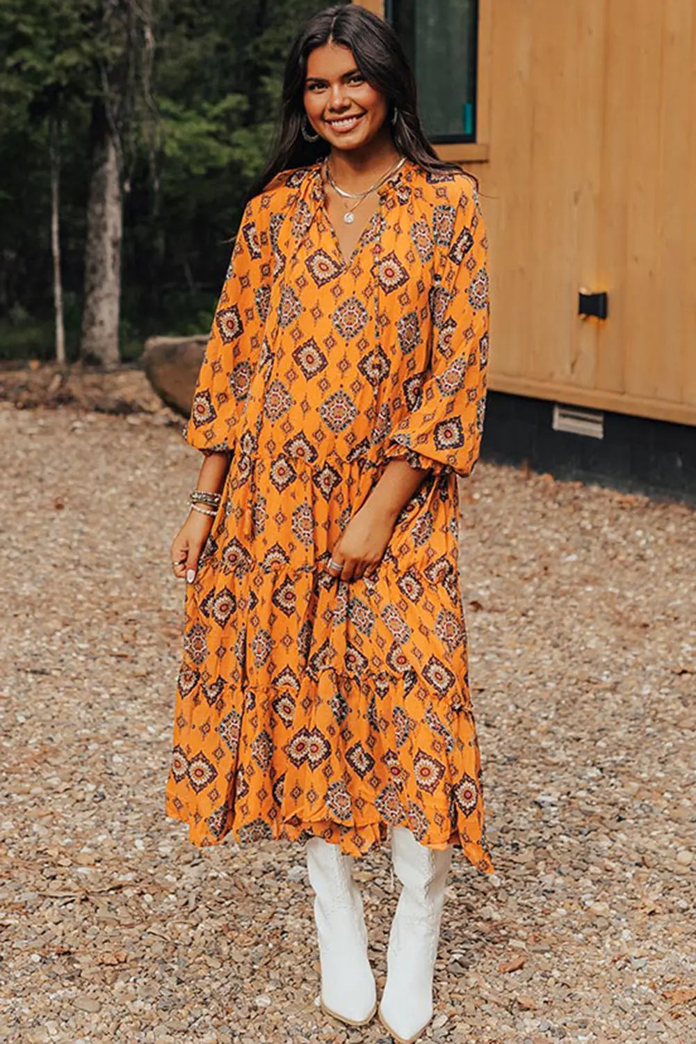 Orange Western Geometric Print Tiered Frilled Loose Fit Midi Dress Beagle Boutique Fashion Outlet