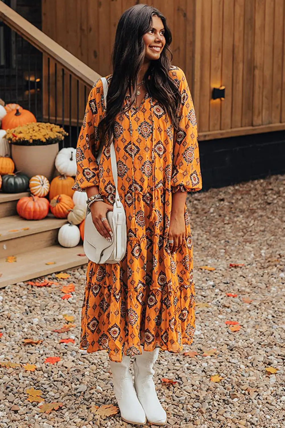 Orange Western Geometric Print Tiered Frilled Loose Fit Midi Dress Beagle Boutique Fashion Outlet
