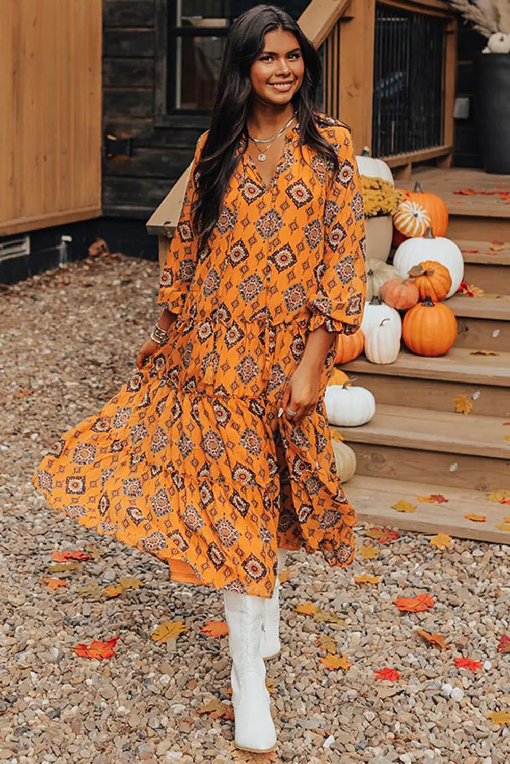 Orange Western Geometric Print Tiered Frilled Loose Fit Midi Dress Beagle Boutique Fashion Outlet