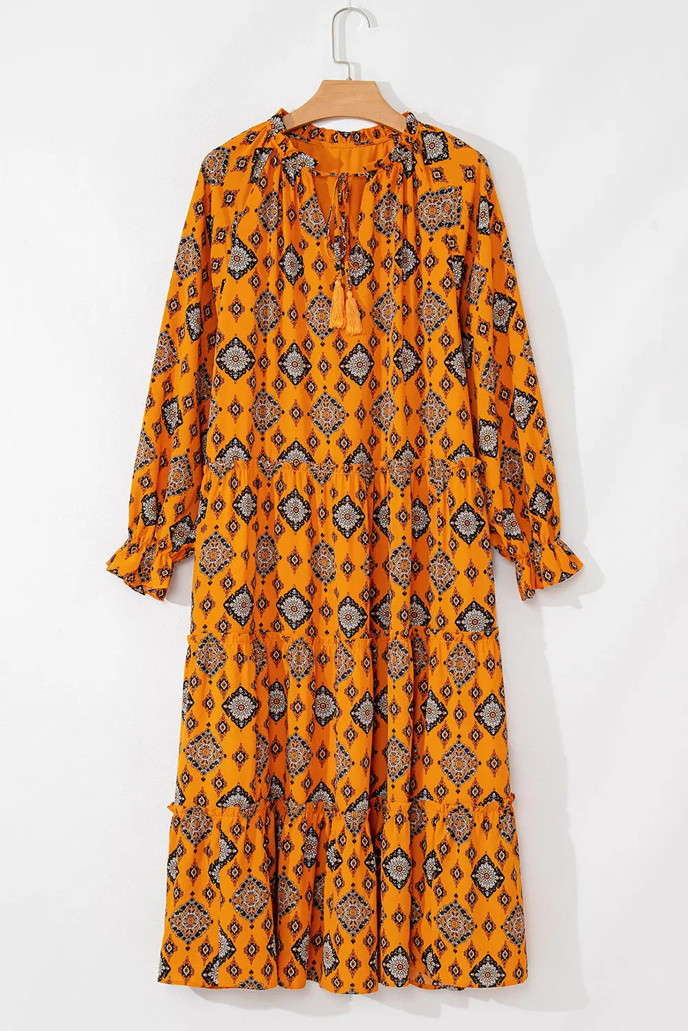 Orange Western Geometric Print Tiered Frilled Loose Fit Midi Dress Beagle Boutique Fashion Outlet