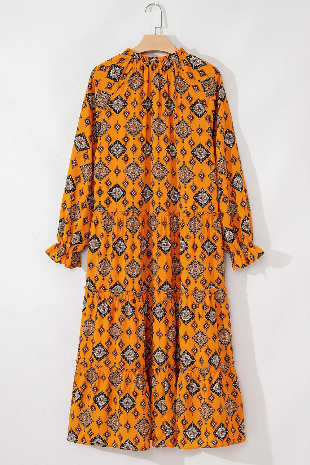 Orange Western Geometric Print Tiered Frilled Loose Fit Midi Dress Beagle Boutique Fashion Outlet
