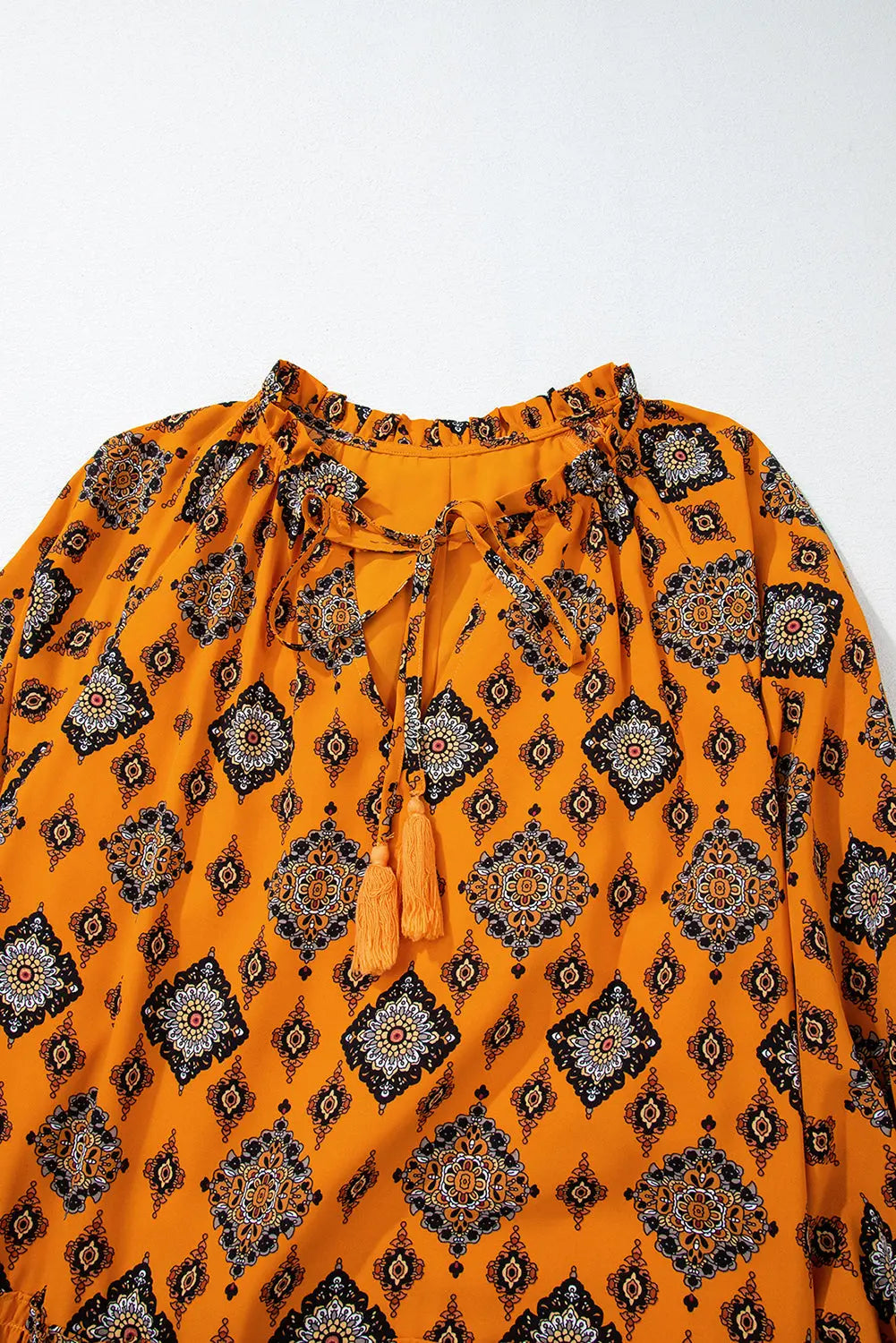 Orange Western Geometric Print Tiered Frilled Loose Fit Midi Dress Beagle Boutique Fashion Outlet