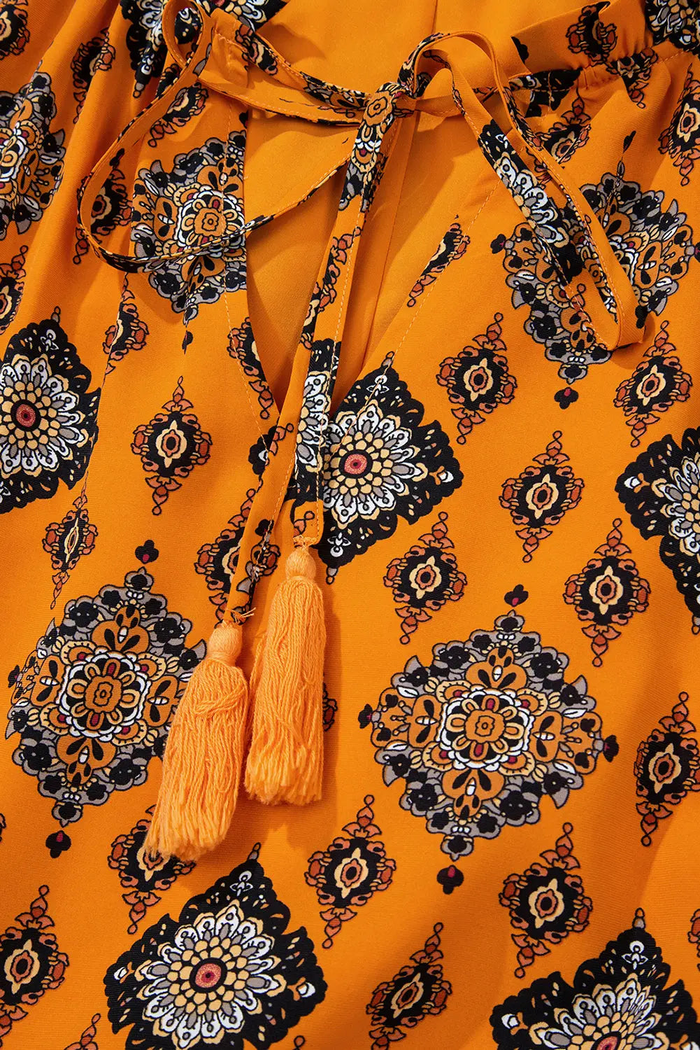 Orange Western Geometric Print Tiered Frilled Loose Fit Midi Dress Beagle Boutique Fashion Outlet
