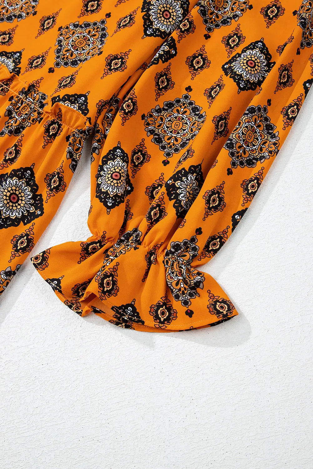 Orange Western Geometric Print Tiered Frilled Loose Fit Midi Dress Beagle Boutique Fashion Outlet