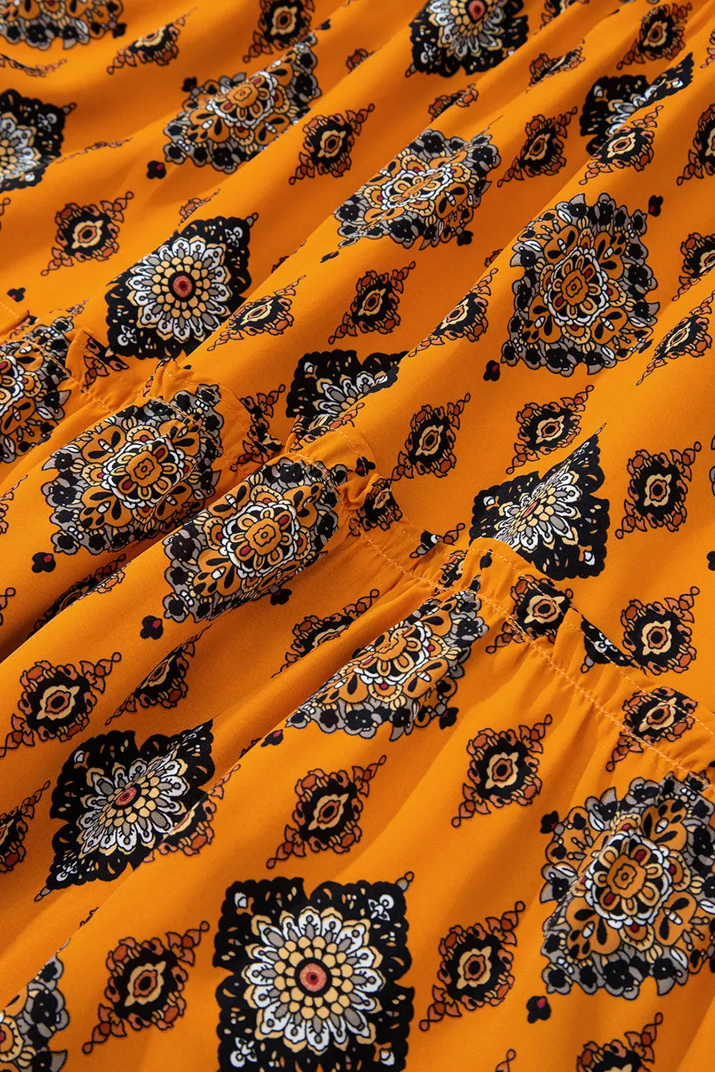 Orange Western Geometric Print Tiered Frilled Loose Fit Midi Dress Beagle Boutique Fashion Outlet