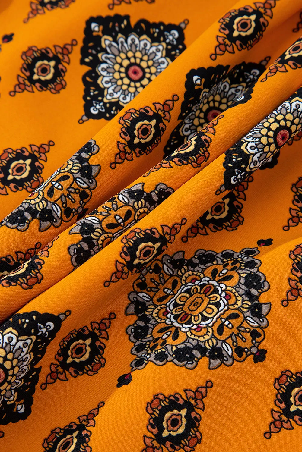 Orange Western Geometric Print Tiered Frilled Loose Fit Midi Dress Beagle Boutique Fashion Outlet