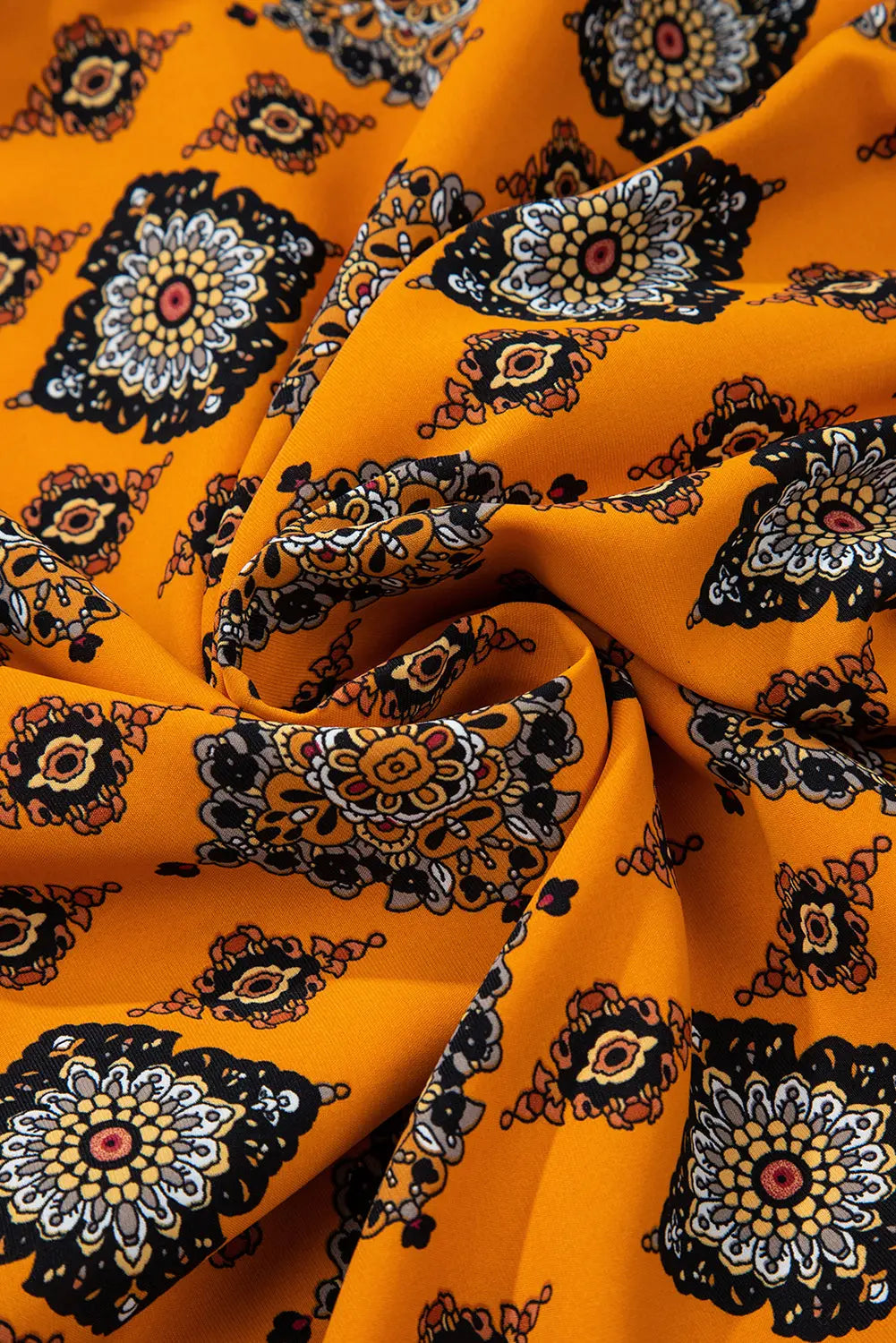 Orange Western Geometric Print Tiered Frilled Loose Fit Midi Dress Beagle Boutique Fashion Outlet