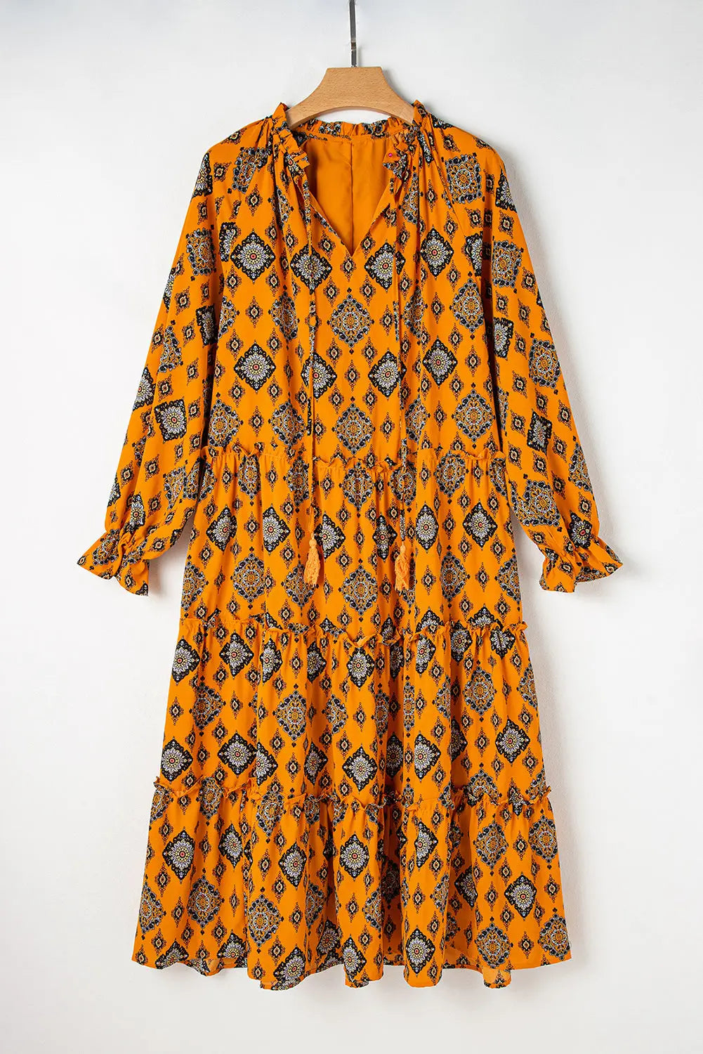 Orange Western Geometric Print Tiered Frilled Loose Fit Midi Dress Beagle Boutique Fashion Outlet