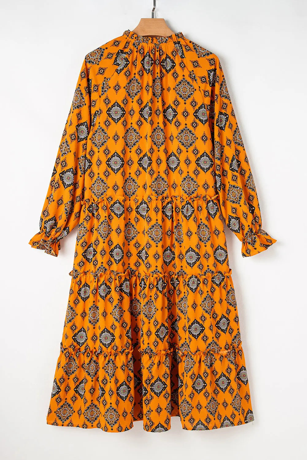 Orange Western Geometric Print Tiered Frilled Loose Fit Midi Dress Beagle Boutique Fashion Outlet