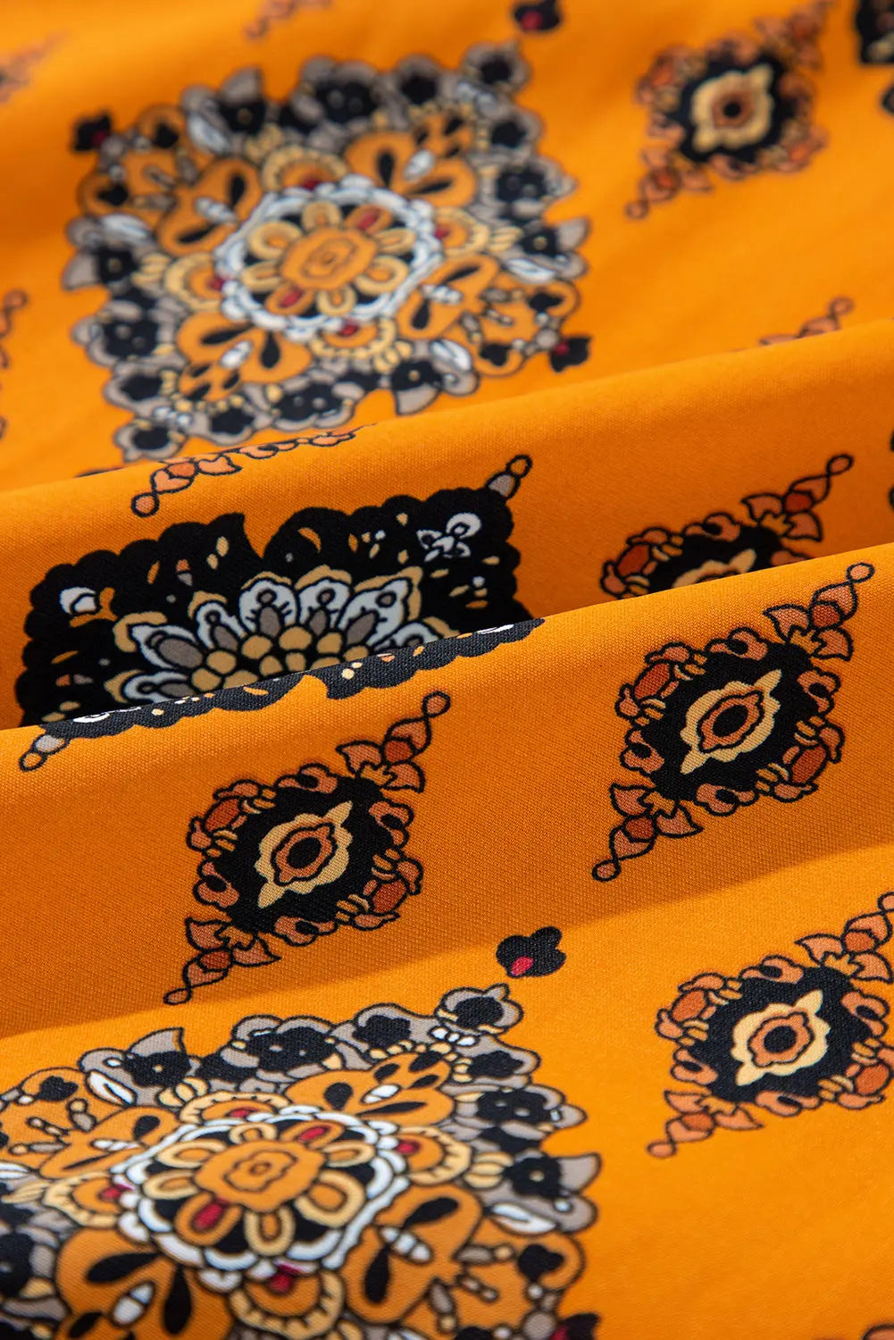 Orange Western Geometric Print Tiered Frilled Loose Fit Midi Dress Beagle Boutique Fashion Outlet
