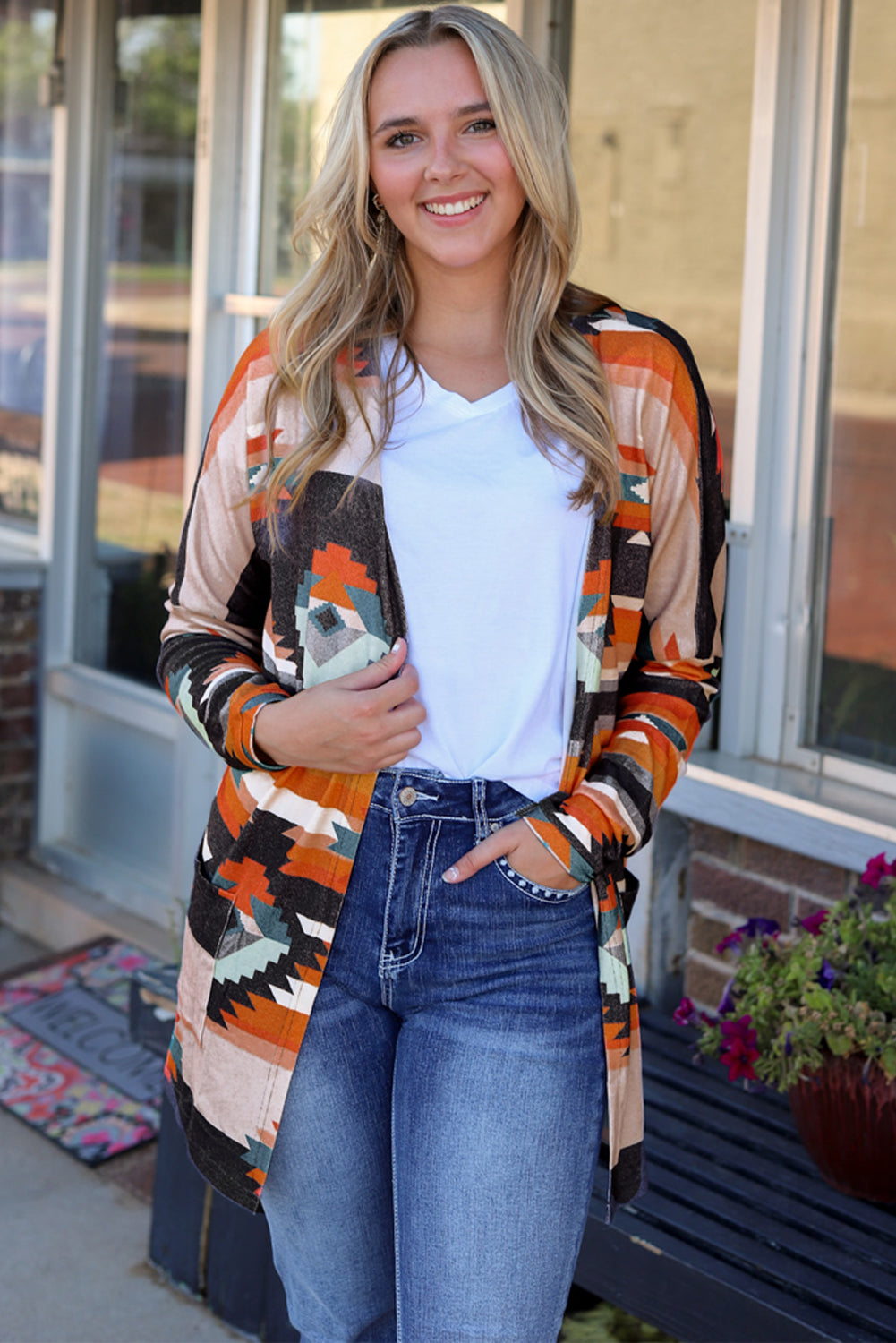 Orange Western Tribal Aztec Print Cardigan - eAura