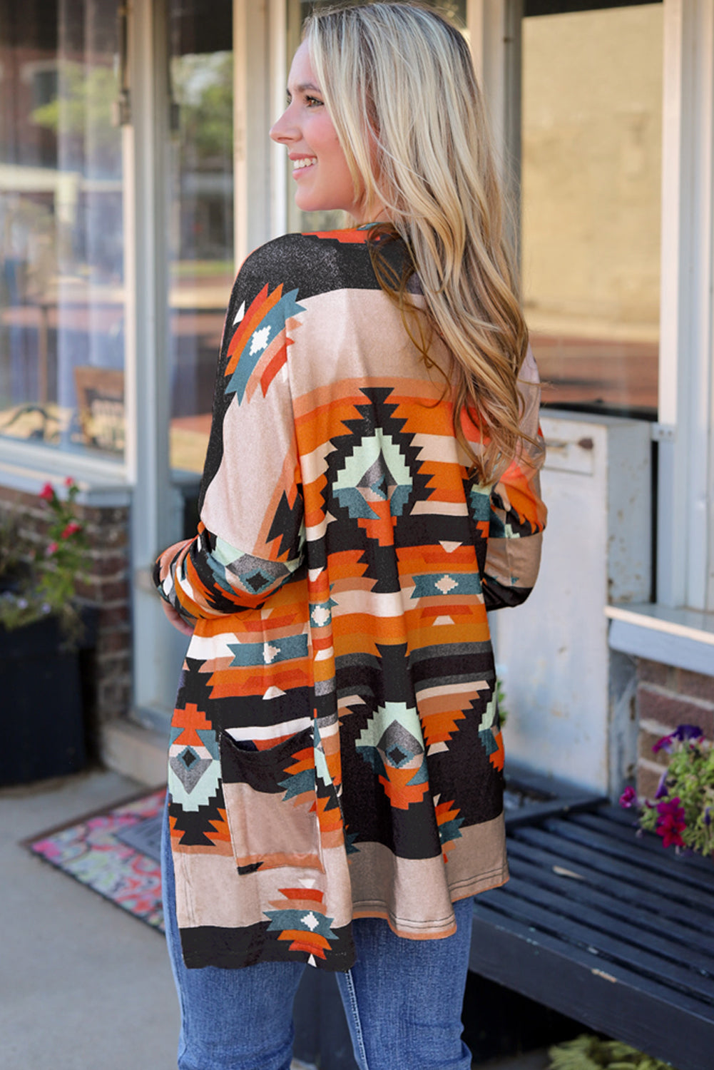 Orange Western Tribal Aztec Print Cardigan - eAura