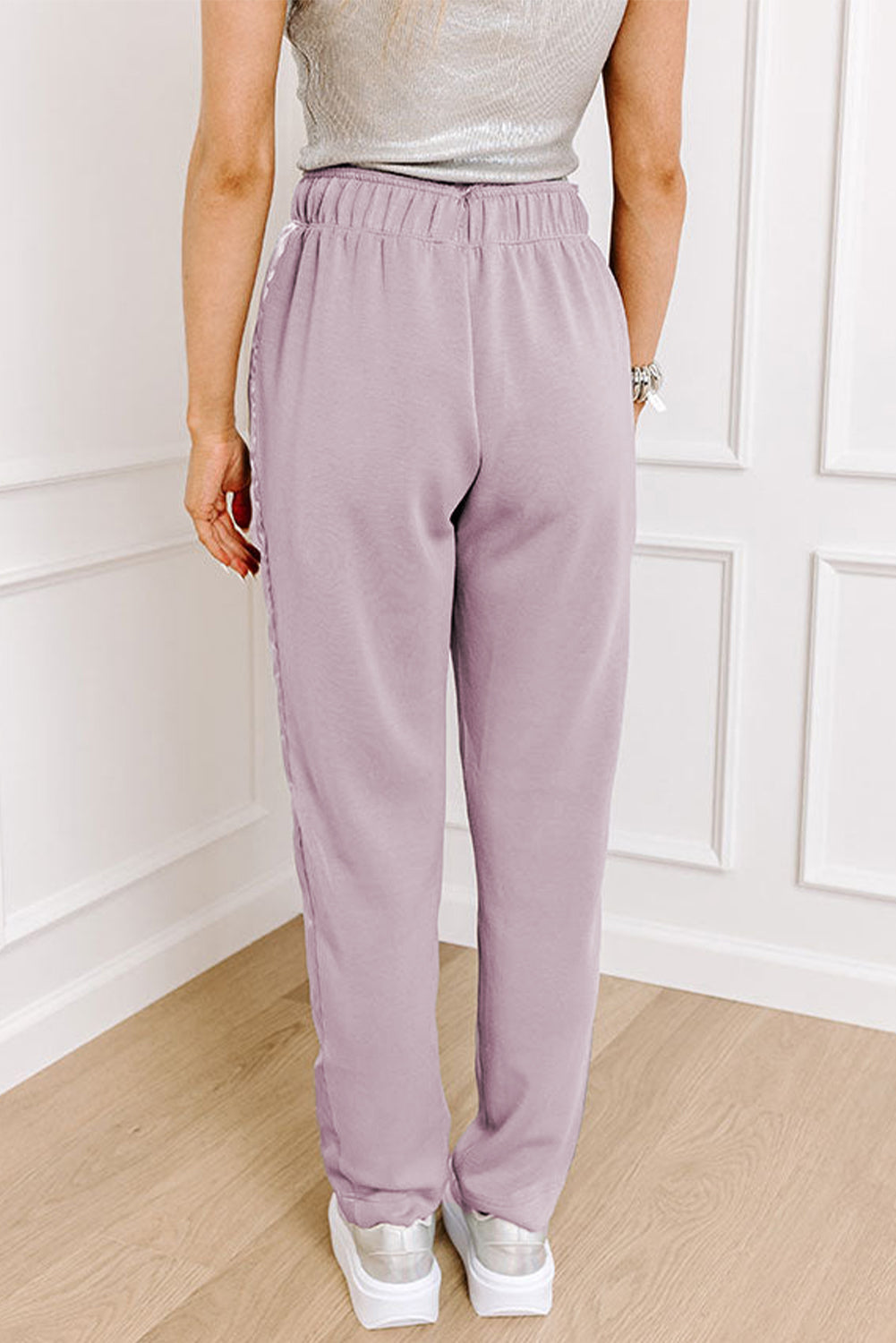 Orchid Petal Drawstring Waist Satin Stripe Patch Straight Leg High Waist Trousers - eAura