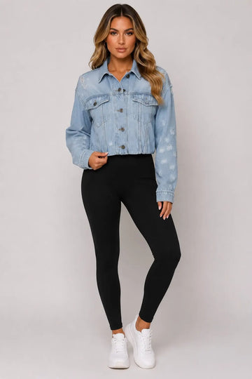 Light Wash Distressed Cropped Denim Jacket – Blue
