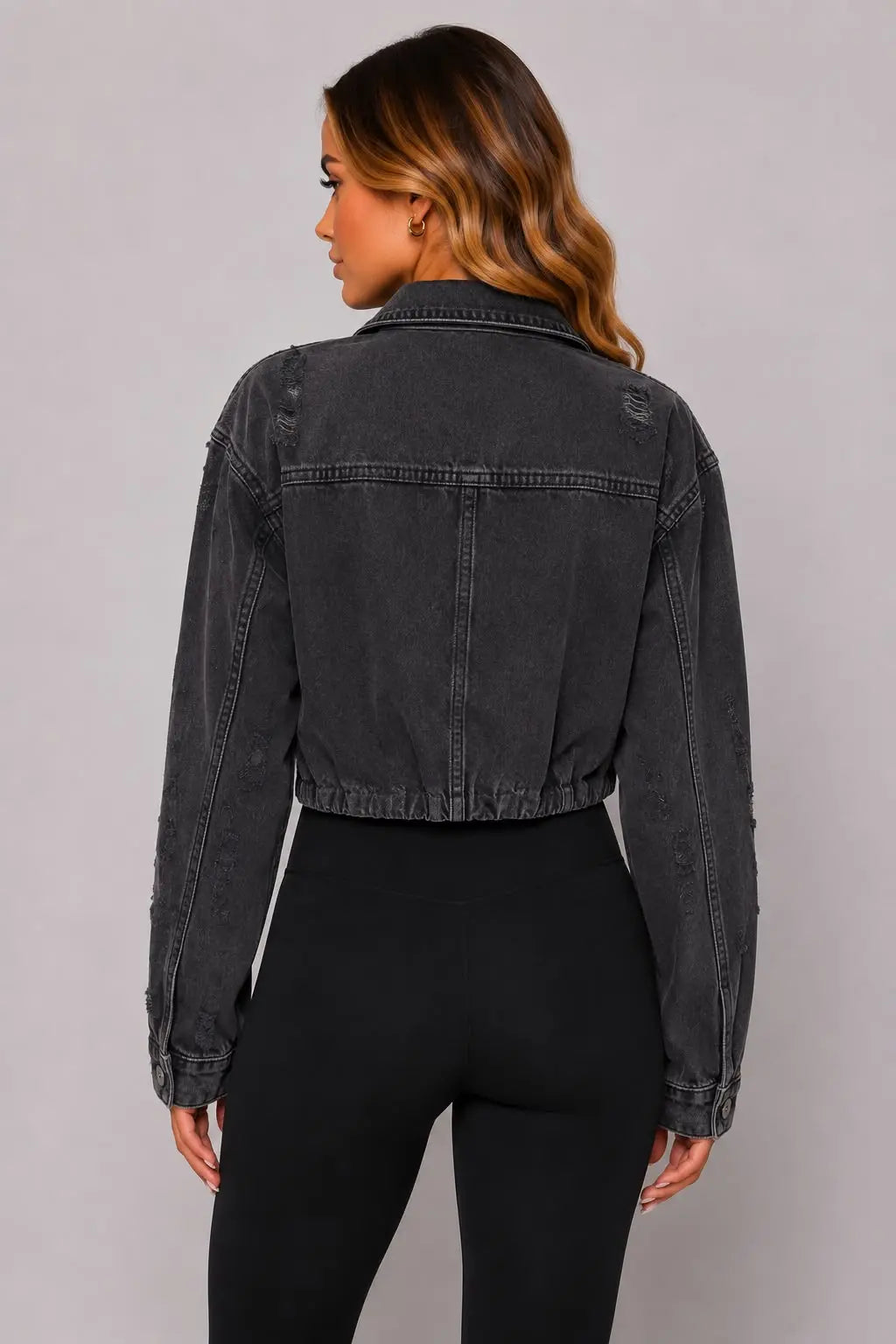 Light Wash Distressed Cropped Denim Jacket – Blue