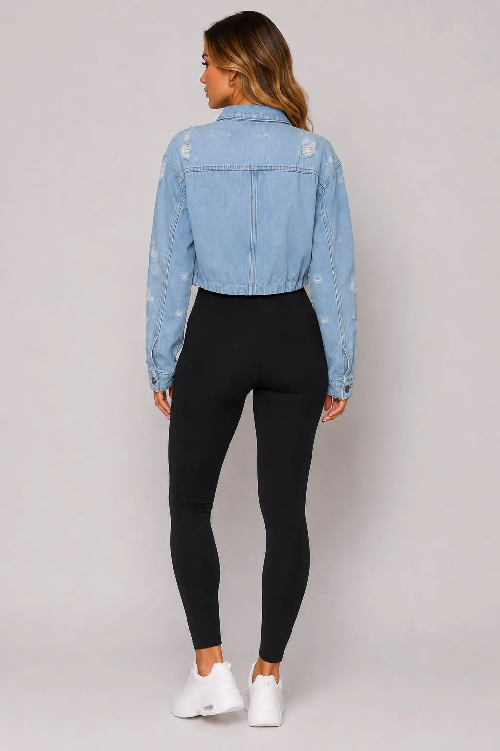 Light Wash Distressed Cropped Denim Jacket – Blue