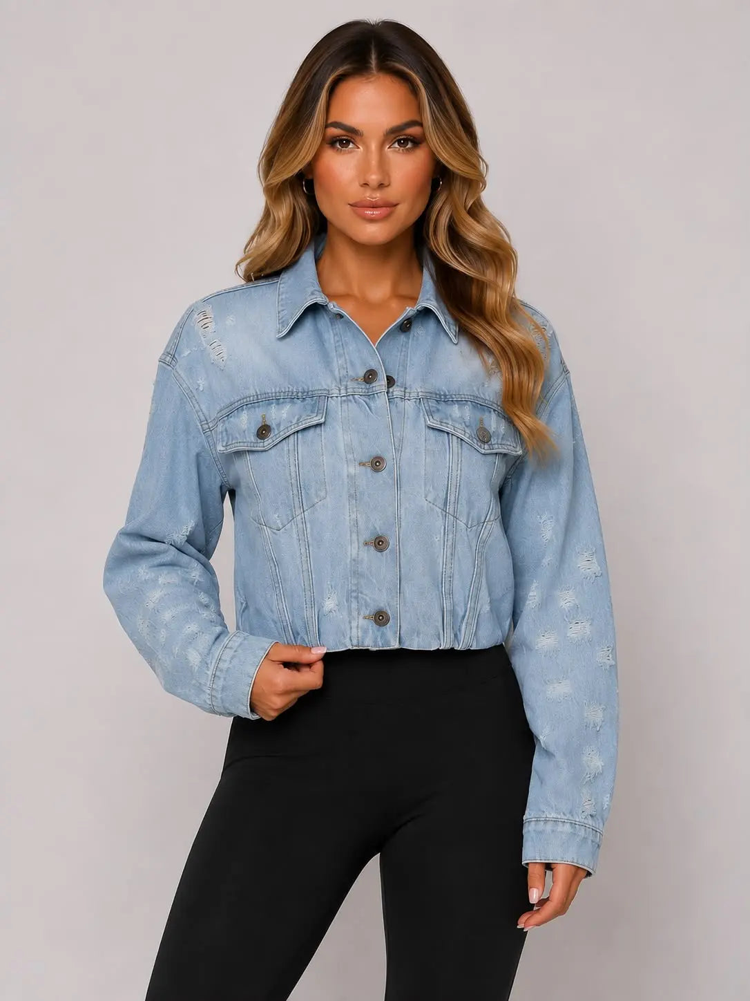 Light Wash Distressed Cropped Denim Jacket – Blue