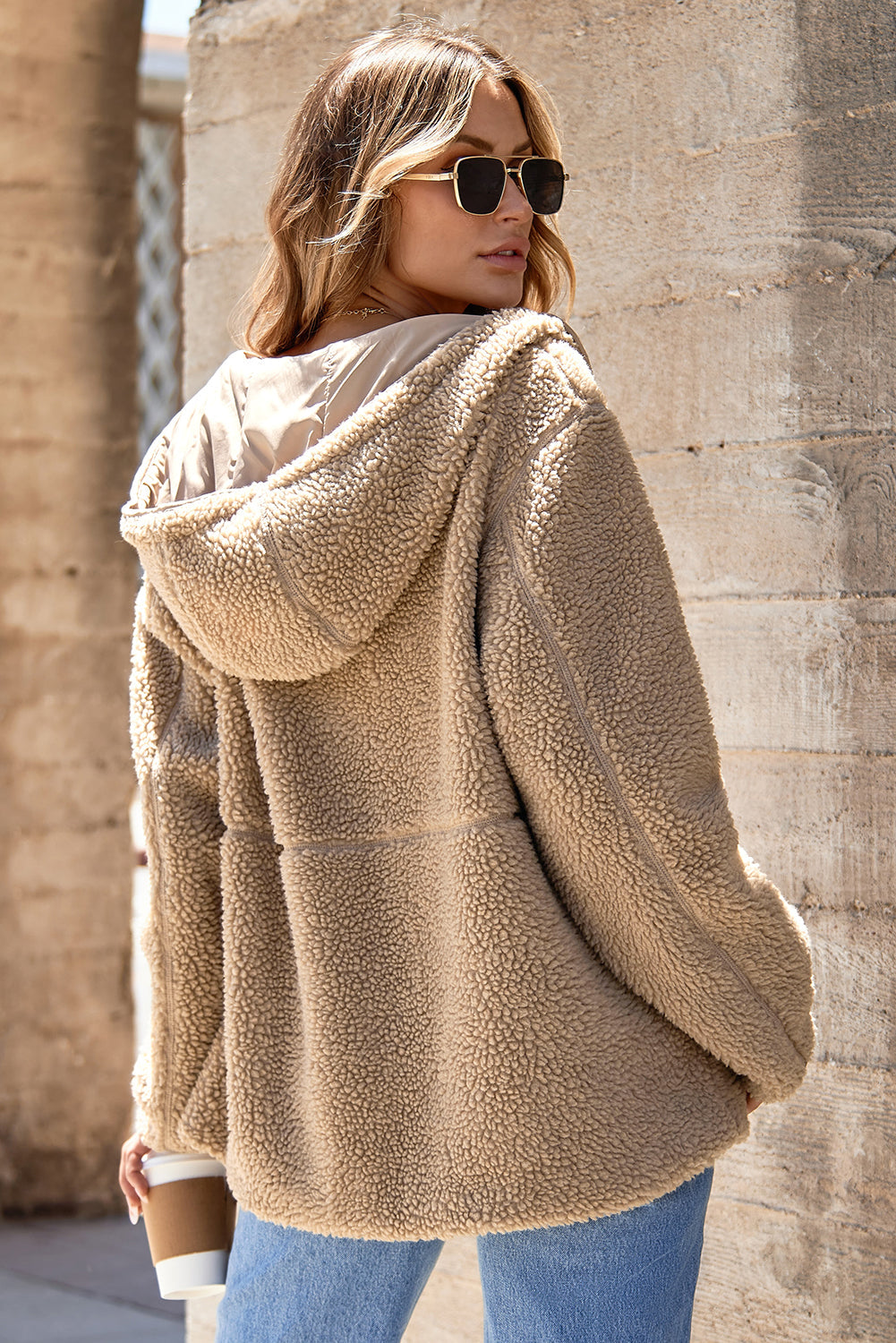 Pale Khaki Fleece Zip Up Drawstring Hooded Pocketed Jacket - eAura