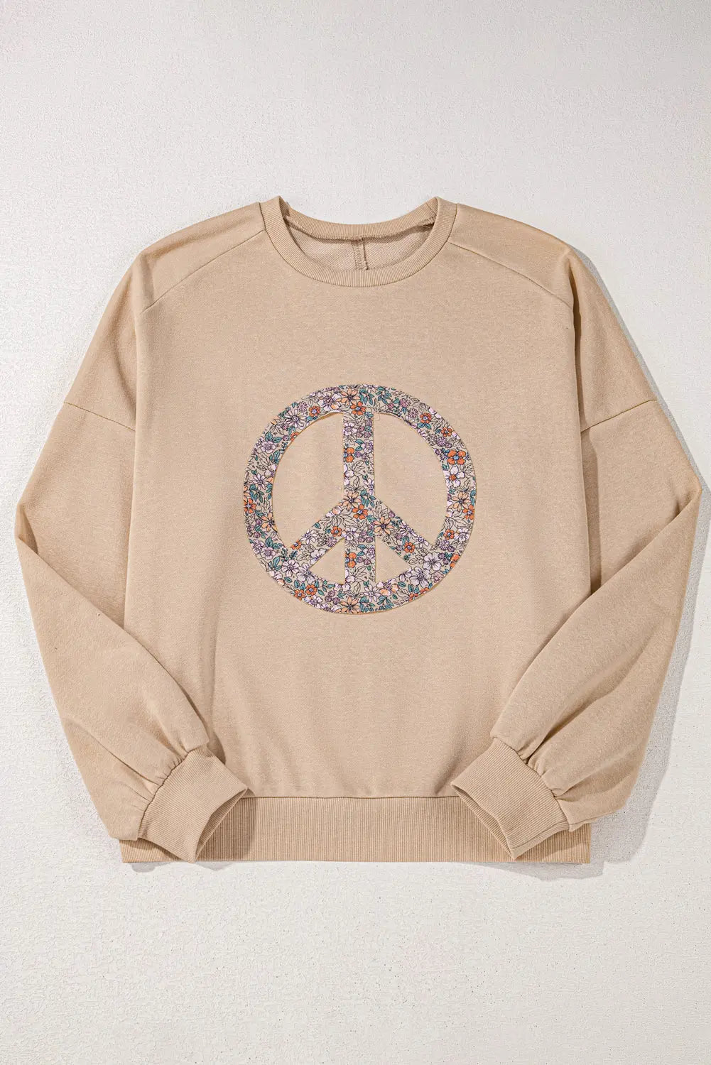 Pale Khaki Floral Peace Sign Graphic Washed Terry Plus Size Sweatshirt Beagle Boutique Fashion Outlet