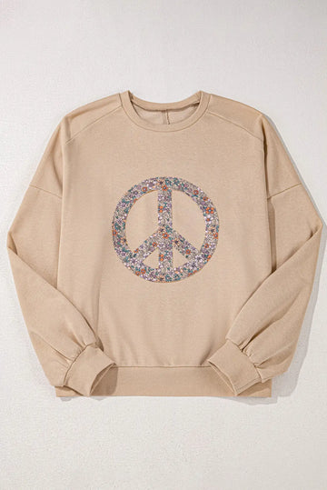 Pale Khaki Floral Peace Sign Graphic Washed Terry Plus Size Sweatshirt Beagle Boutique Fashion Outlet