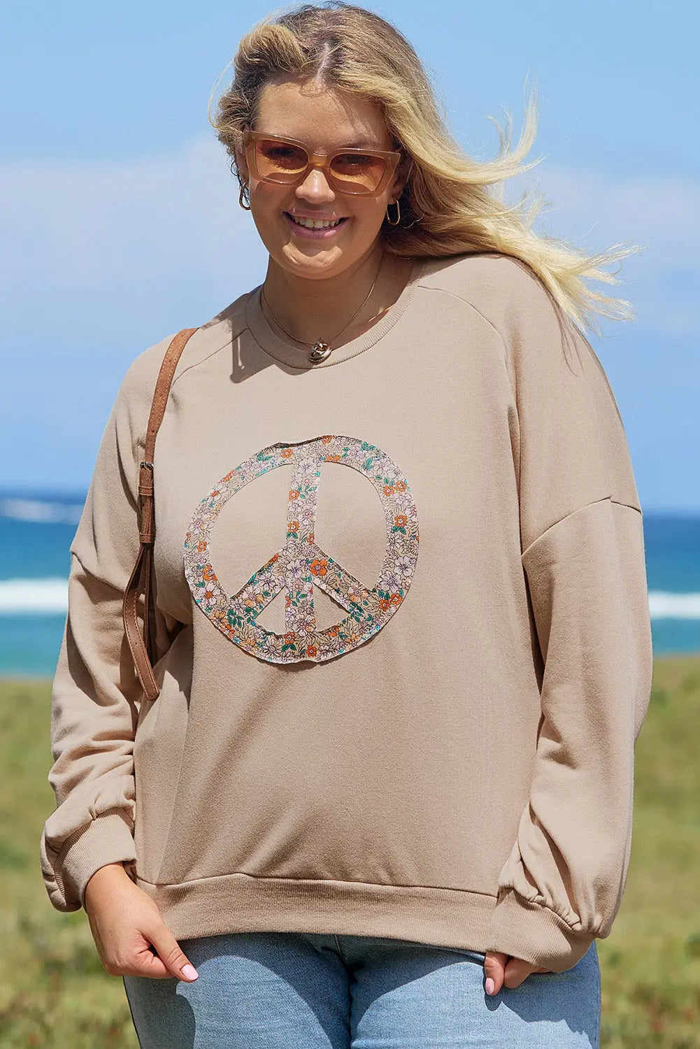 Pale Khaki Floral Peace Sign Graphic Washed Terry Plus Size Sweatshirt Beagle Boutique Fashion Outlet