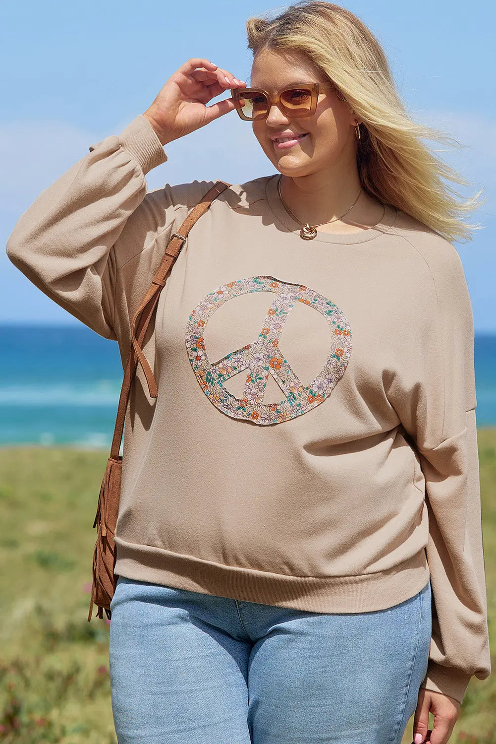 Pale Khaki Floral Peace Sign Graphic Washed Terry Plus Size Sweatshirt Beagle Boutique Fashion Outlet