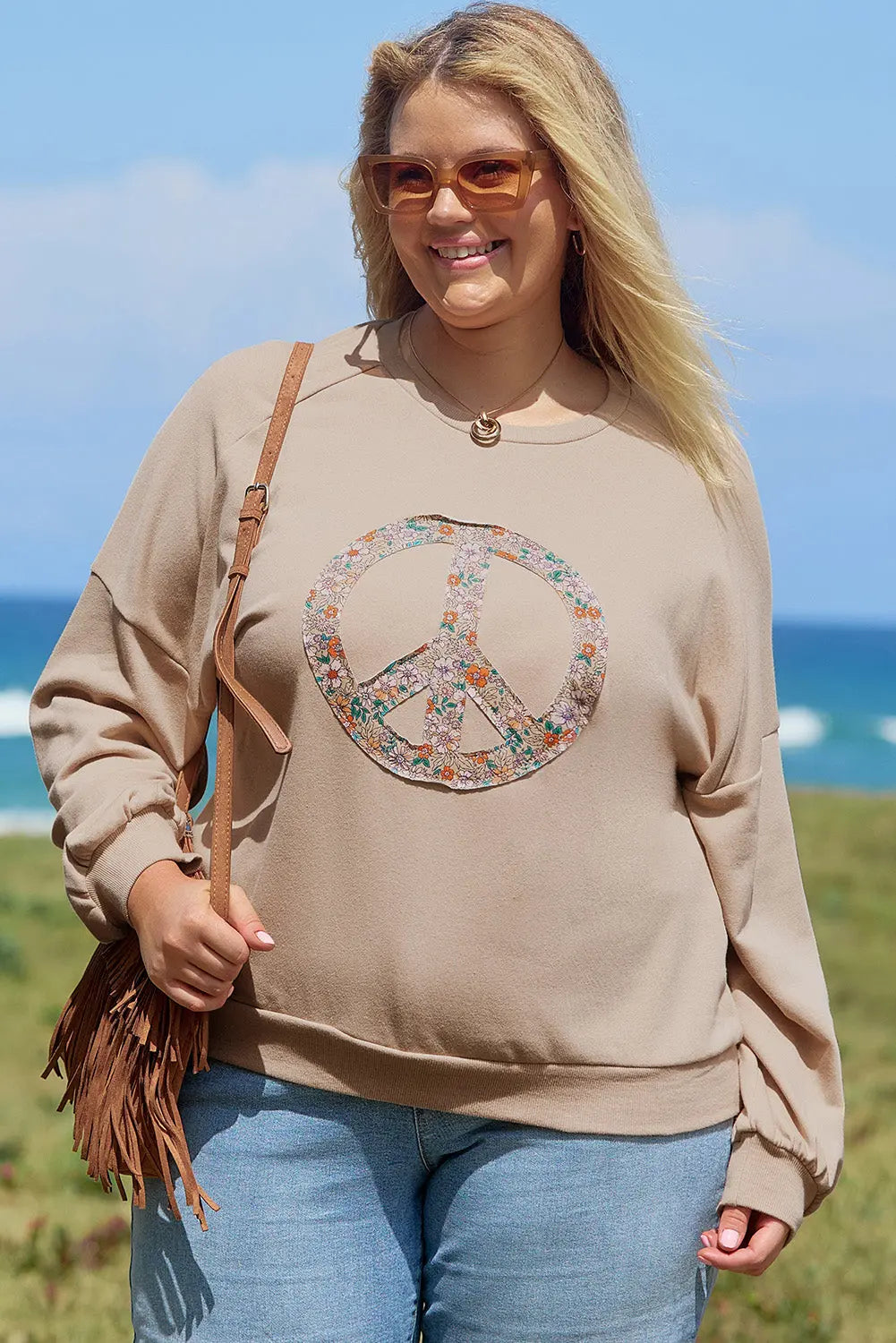 Pale Khaki Floral Peace Sign Graphic Washed Terry Plus Size Sweatshirt Beagle Boutique Fashion Outlet