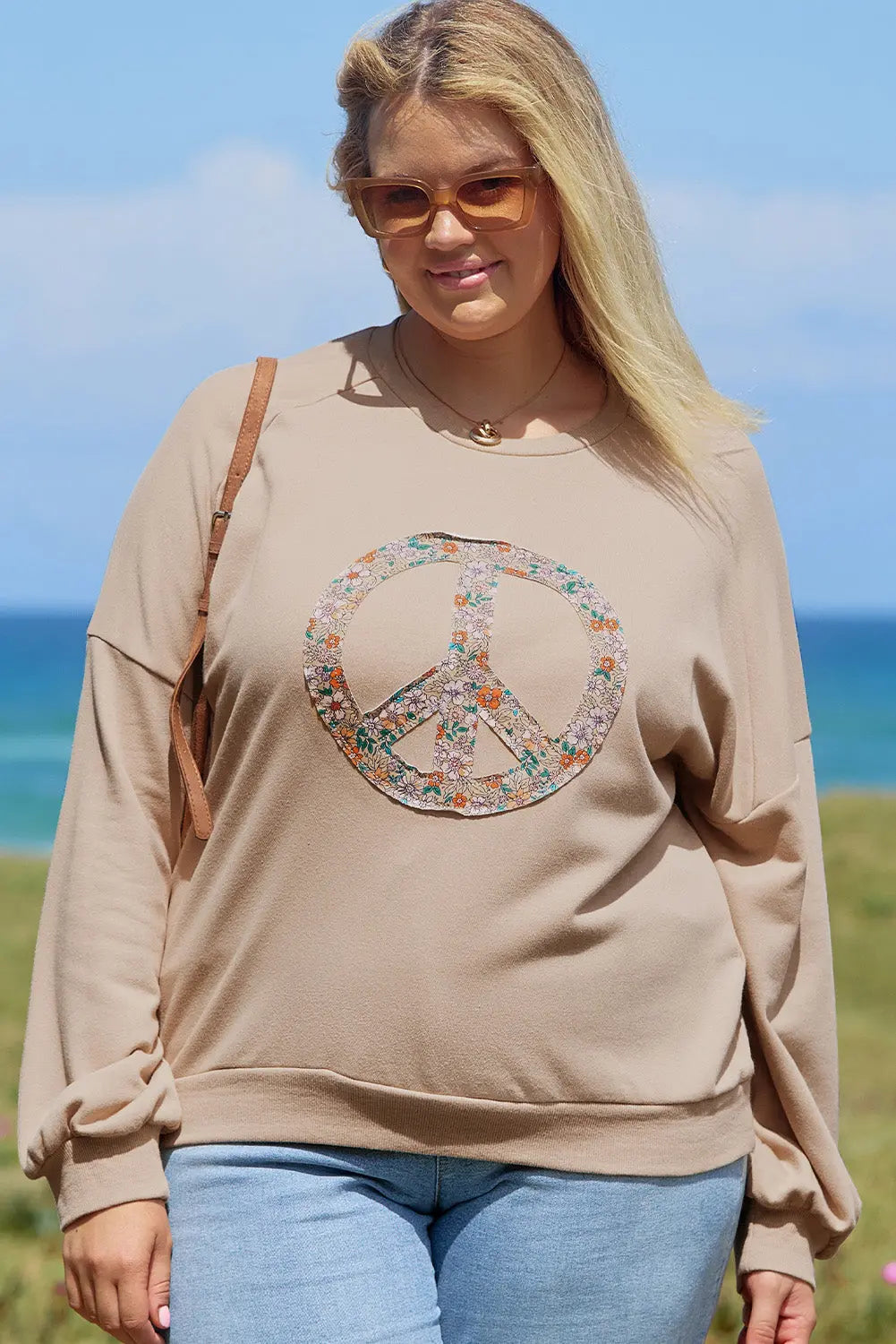 Pale Khaki Floral Peace Sign Graphic Washed Terry Plus Size Sweatshirt Beagle Boutique Fashion Outlet