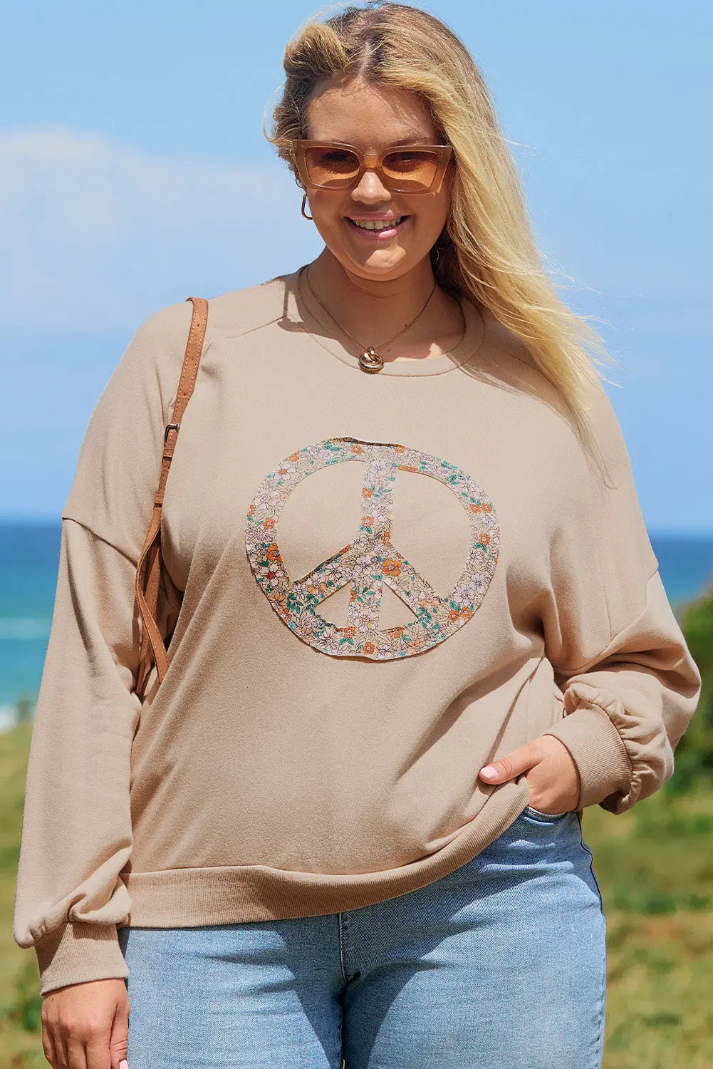 Pale Khaki Floral Peace Sign Graphic Washed Terry Plus Size Sweatshirt Beagle Boutique Fashion Outlet
