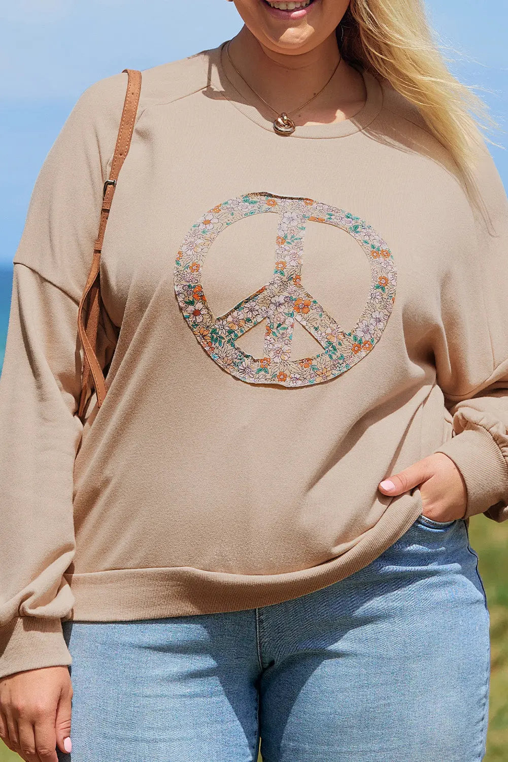 Pale Khaki Floral Peace Sign Graphic Washed Terry Plus Size Sweatshirt Beagle Boutique Fashion Outlet