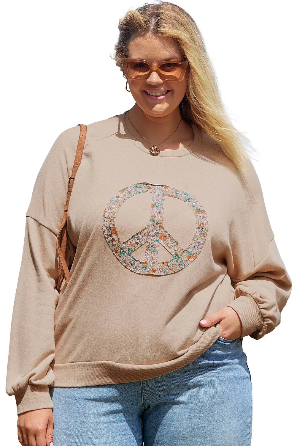 Pale Khaki Floral Peace Sign Graphic Washed Terry Plus Size Sweatshirt Beagle Boutique Fashion Outlet