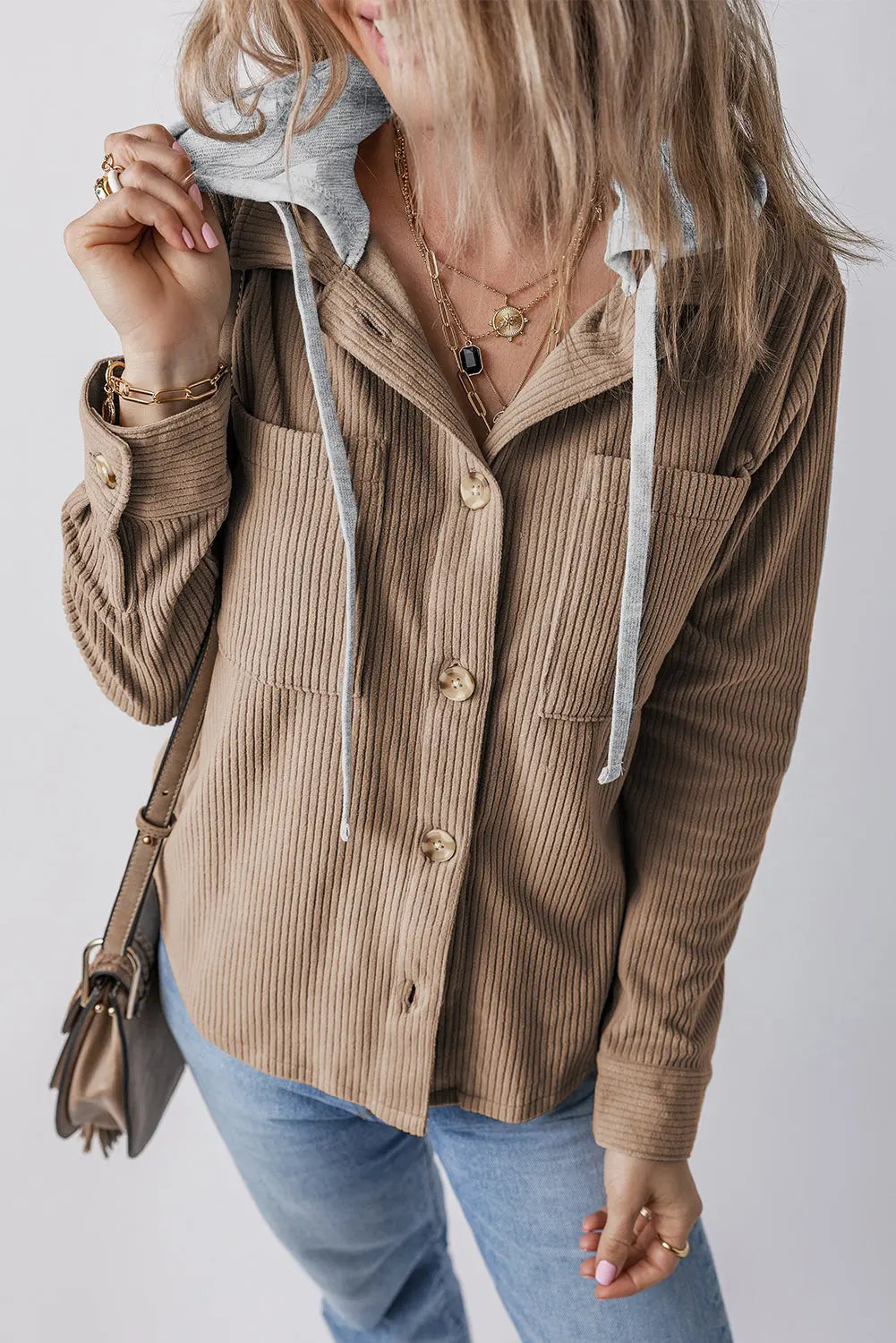 Pale Khaki Hooded Drawstring Pockets Corduroy Shacket - eAura