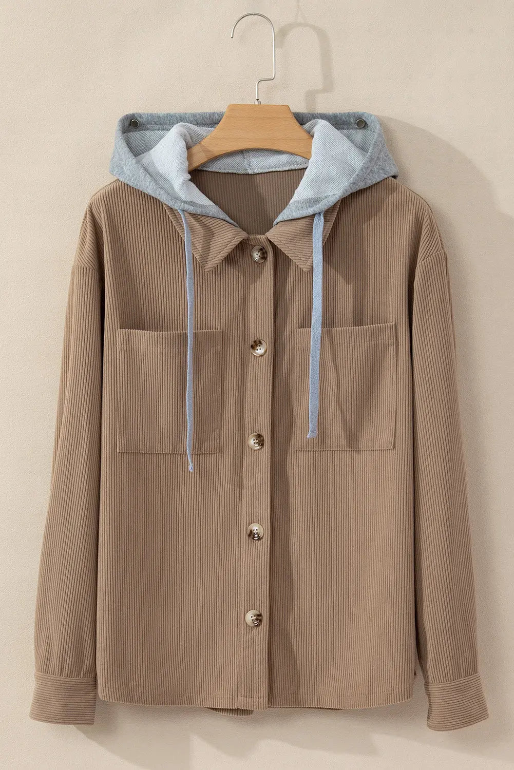 Pale Khaki Hooded Drawstring Pockets Corduroy Shacket - eAura