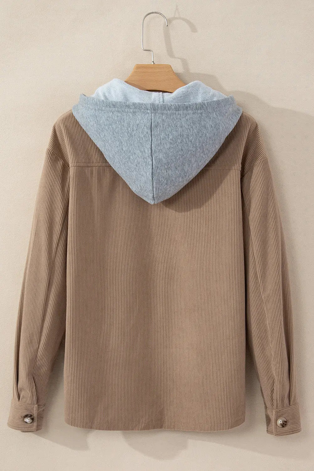 Pale Khaki Hooded Drawstring Pockets Corduroy Shacket - eAura