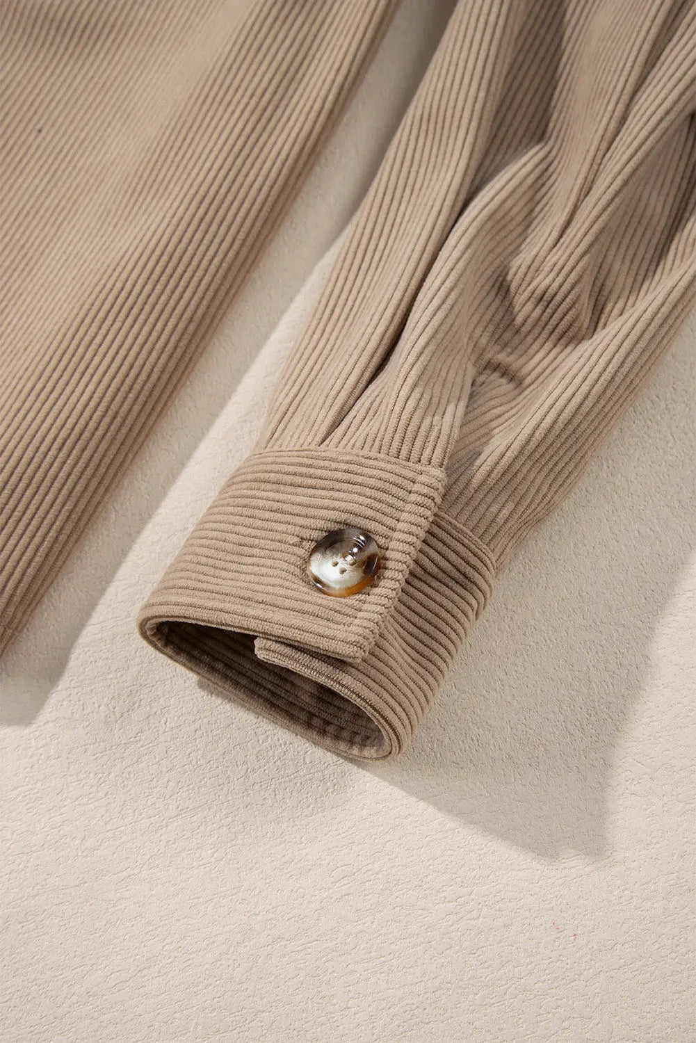 Pale Khaki Hooded Drawstring Pockets Corduroy Shacket - eAura