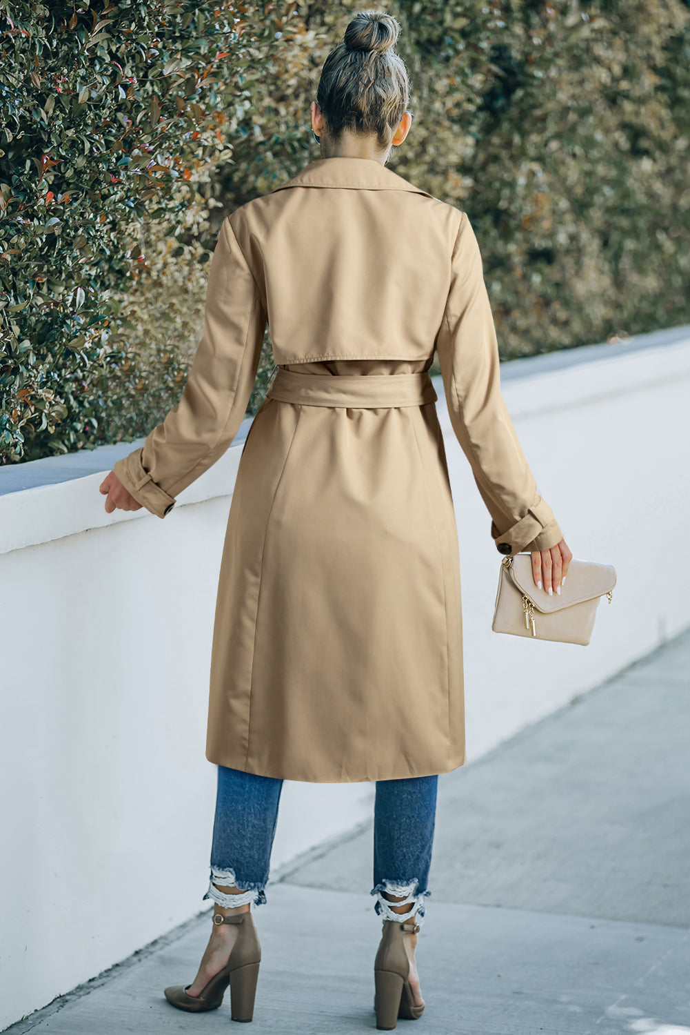 Pale Khaki Solid Colour Lapel Collar Waist Tie Wind Coat - Outerwear/Coats