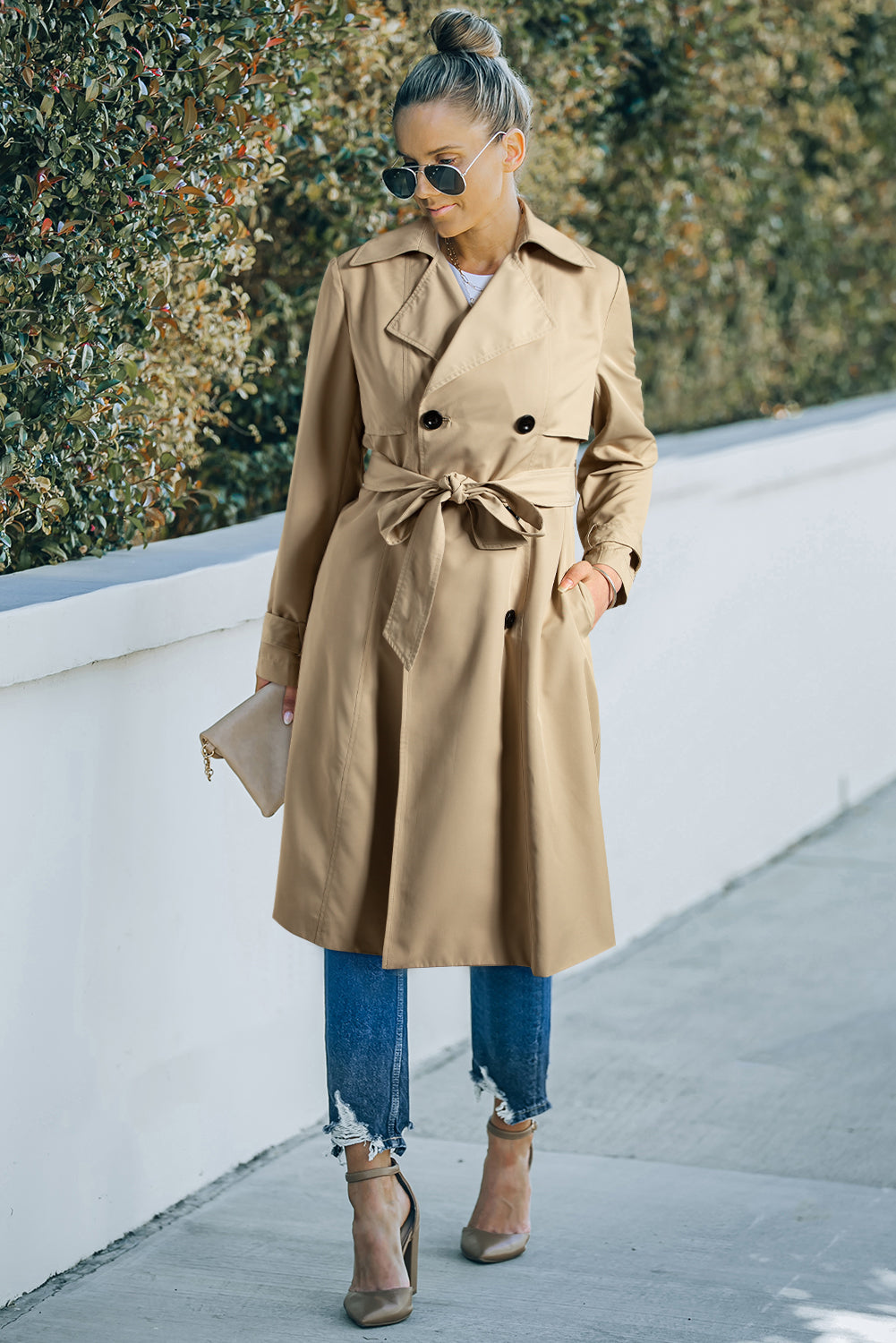 Pale Khaki Solid Colour Lapel Collar Waist Tie Wind Coat - Outerwear/Coats