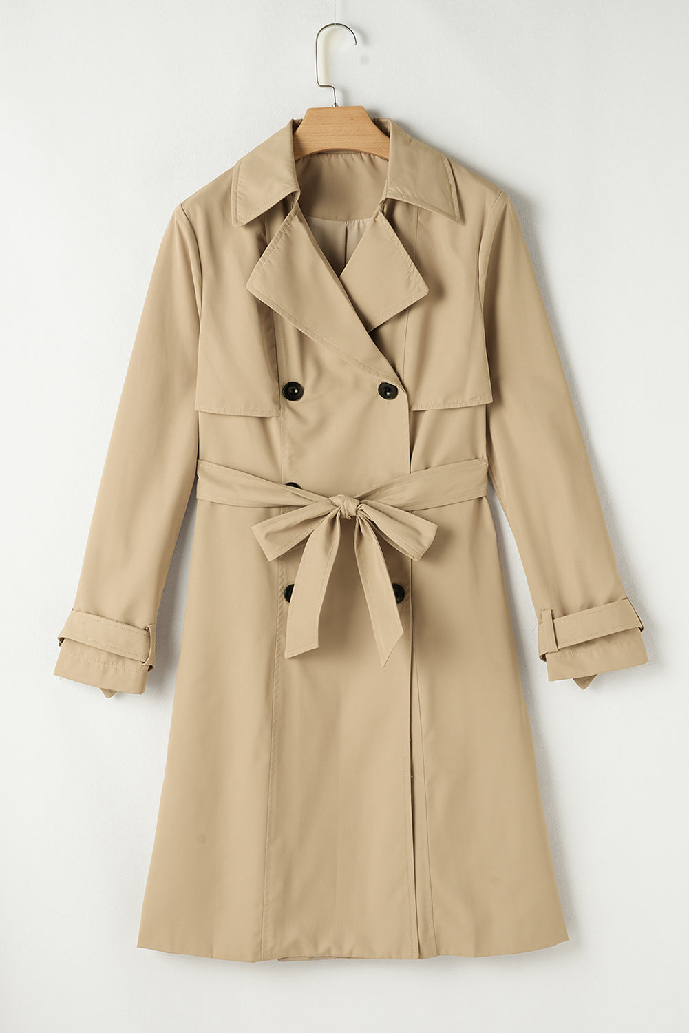 Pale Khaki Solid Colour Lapel Collar Waist Tie Wind Coat - Outerwear/Coats