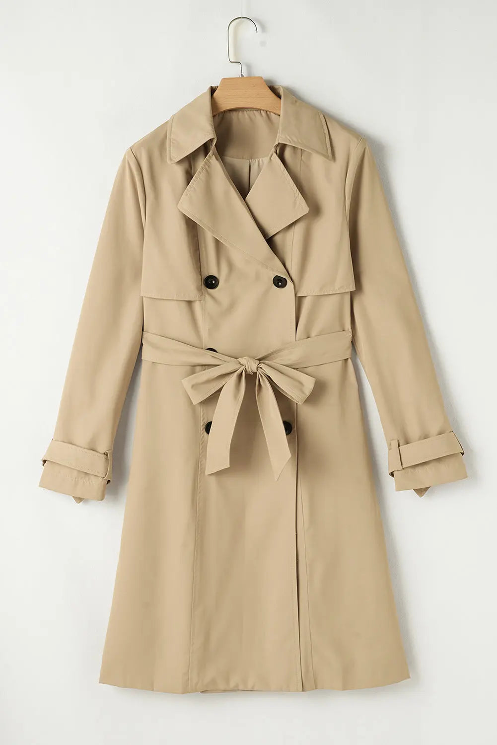 Pale Khaki Solid Colour Lapel Collar Waist Tie Wind Coat - Outerwear/Coats