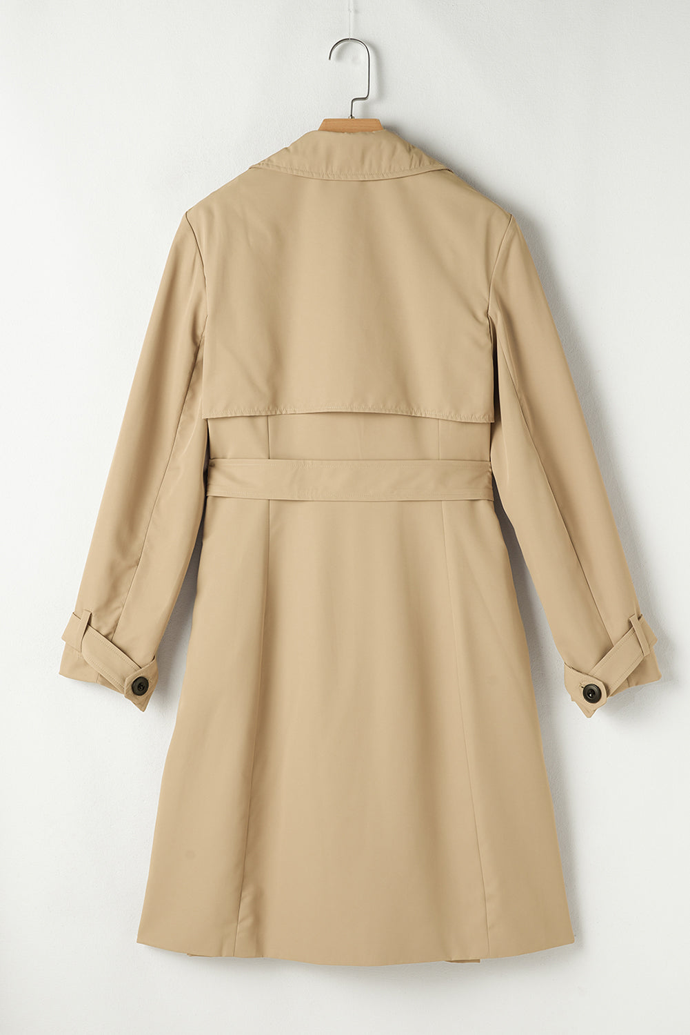 Pale Khaki Solid Colour Lapel Collar Waist Tie Wind Coat - Outerwear/Coats
