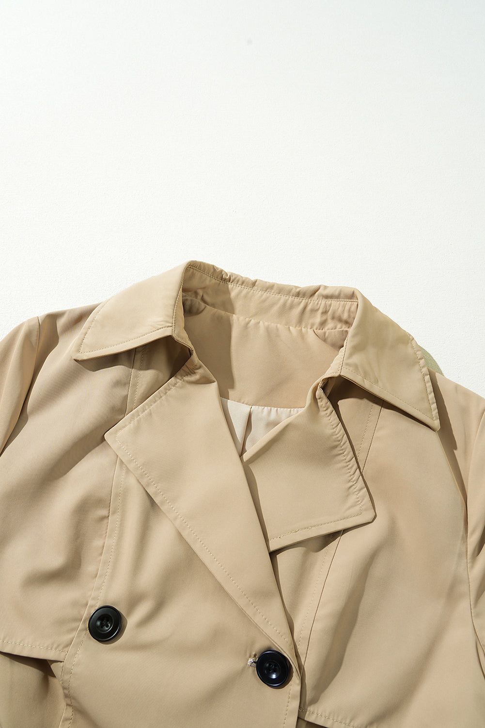 Pale Khaki Solid Colour Lapel Collar Waist Tie Wind Coat - Outerwear/Coats
